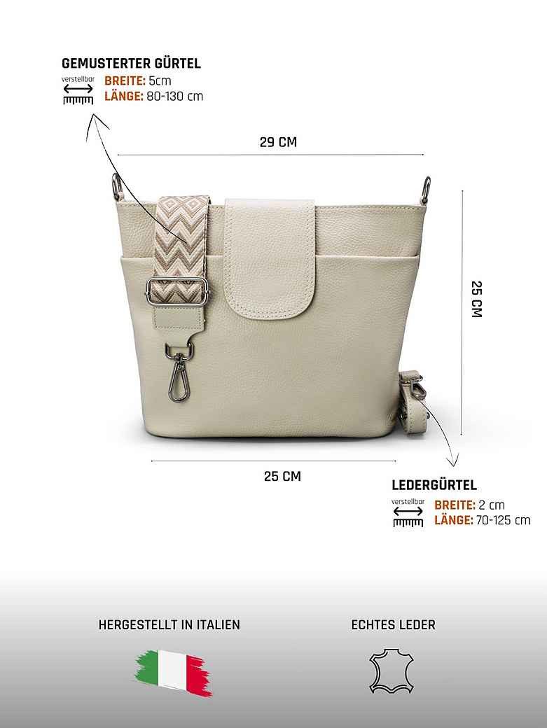 Adel Bags Schultertasche SARA Umhängetasche Damen Beige aus Echtleder Crossbody (Test SEHR GUT, Note 1.1), 20 Farboptionen, Hergestellt in Italien, mit 2 Riemen