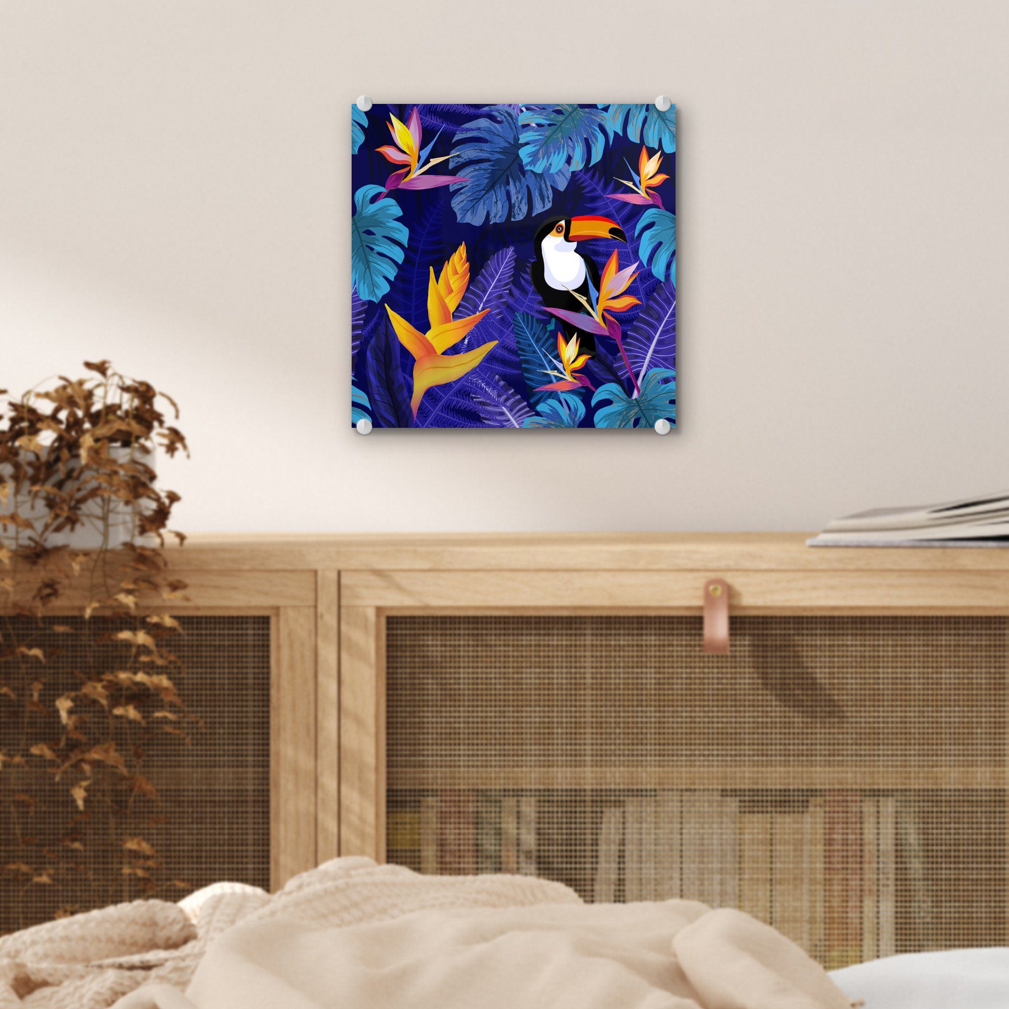 Acrylglasbild Wandbild auf - MuchoWow bunt - St), Foto auf Bilder Glasbilder - - Wanddekoration - Lila Glas - Tiere, Tukan (1 Glas - Blumen Kinder - Dschungel - Pflanzen