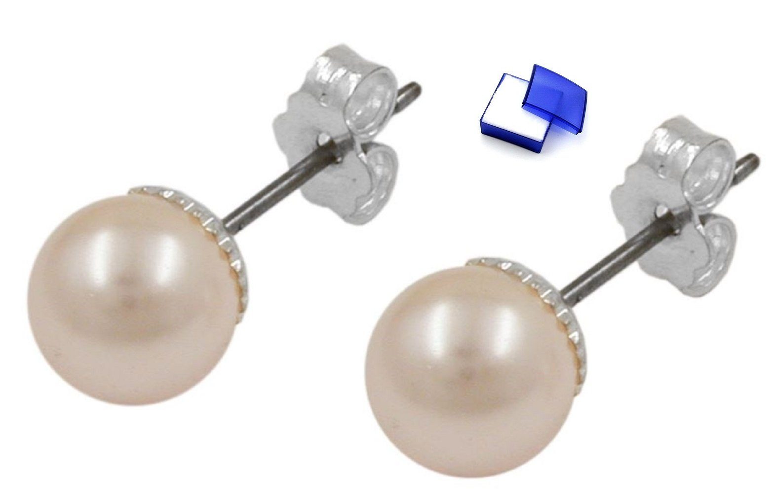 unbespielt Paar Ohrstecker Ohrringe Glasperle weisswachs-rosa Imitatperle 7 mm kl. Schmuckbox, Modeschmuck für Damen