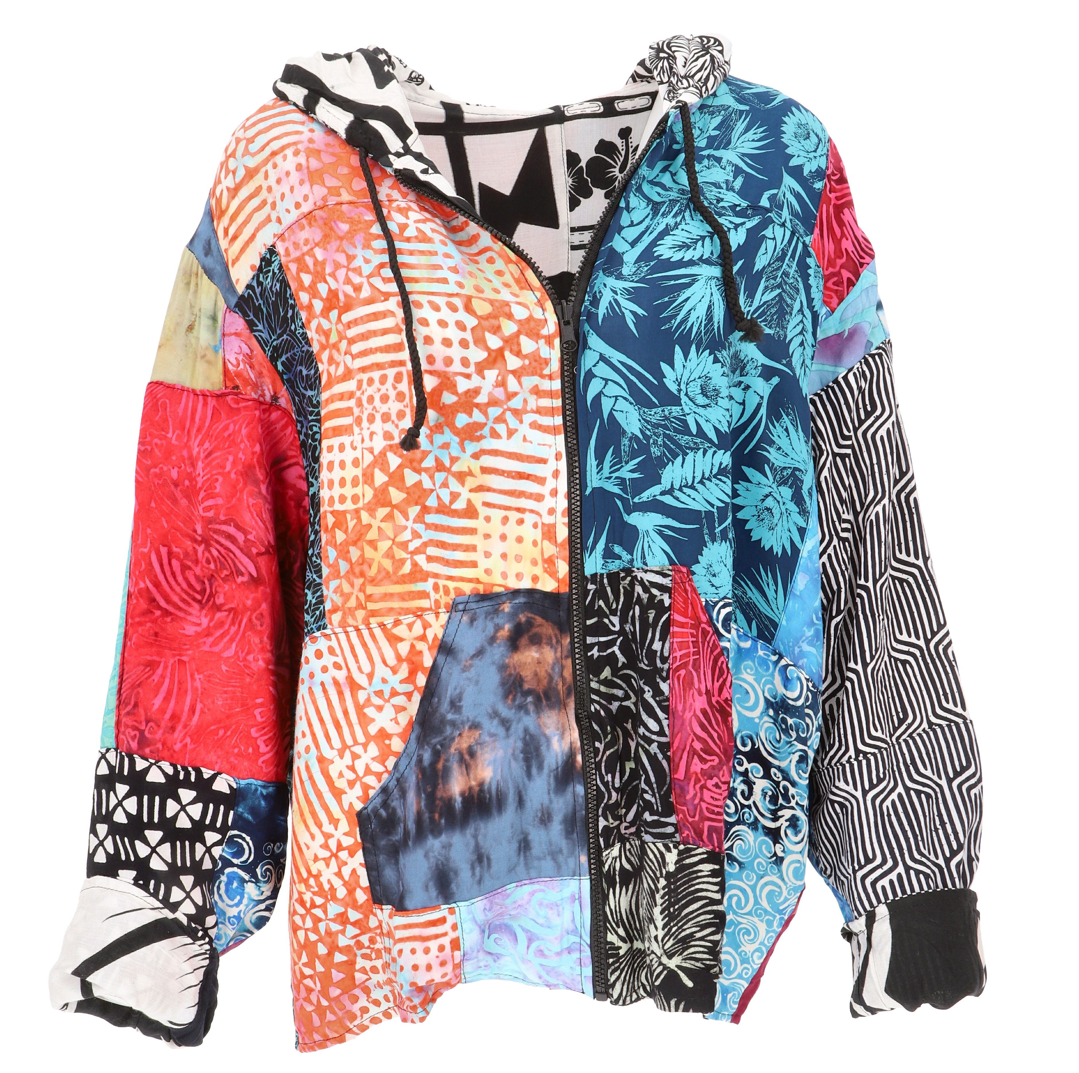 Guru-Shop Langjacke Boho Upcyeling Unisex Patchwork Kapuzenjacke,.. alternative Bekleidung