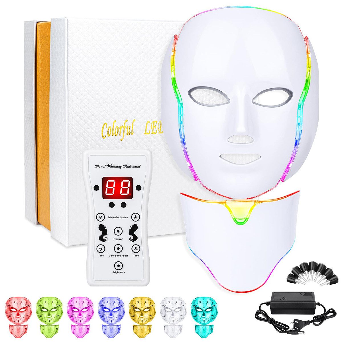 Novzep Kosmetikbehandlungsgerät, 7-farbige LED Gesichtsmaske Lichttherapie und Hals Gesichtsmaske