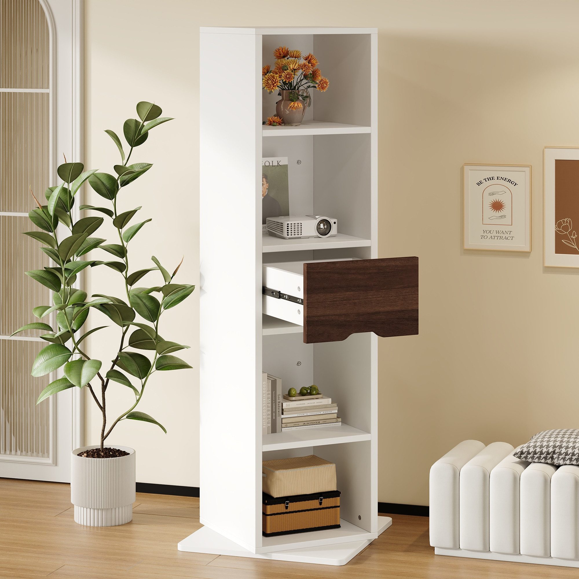 BlingBin Drehregal Vitrinenschrank, Drehbarer Präsentationsschrank, Aufbewahrungsvitrine, 1er Set 1-tlg., mit Ganzkörperspiegel,Schubladen mit Führungsschienen und Drehteller