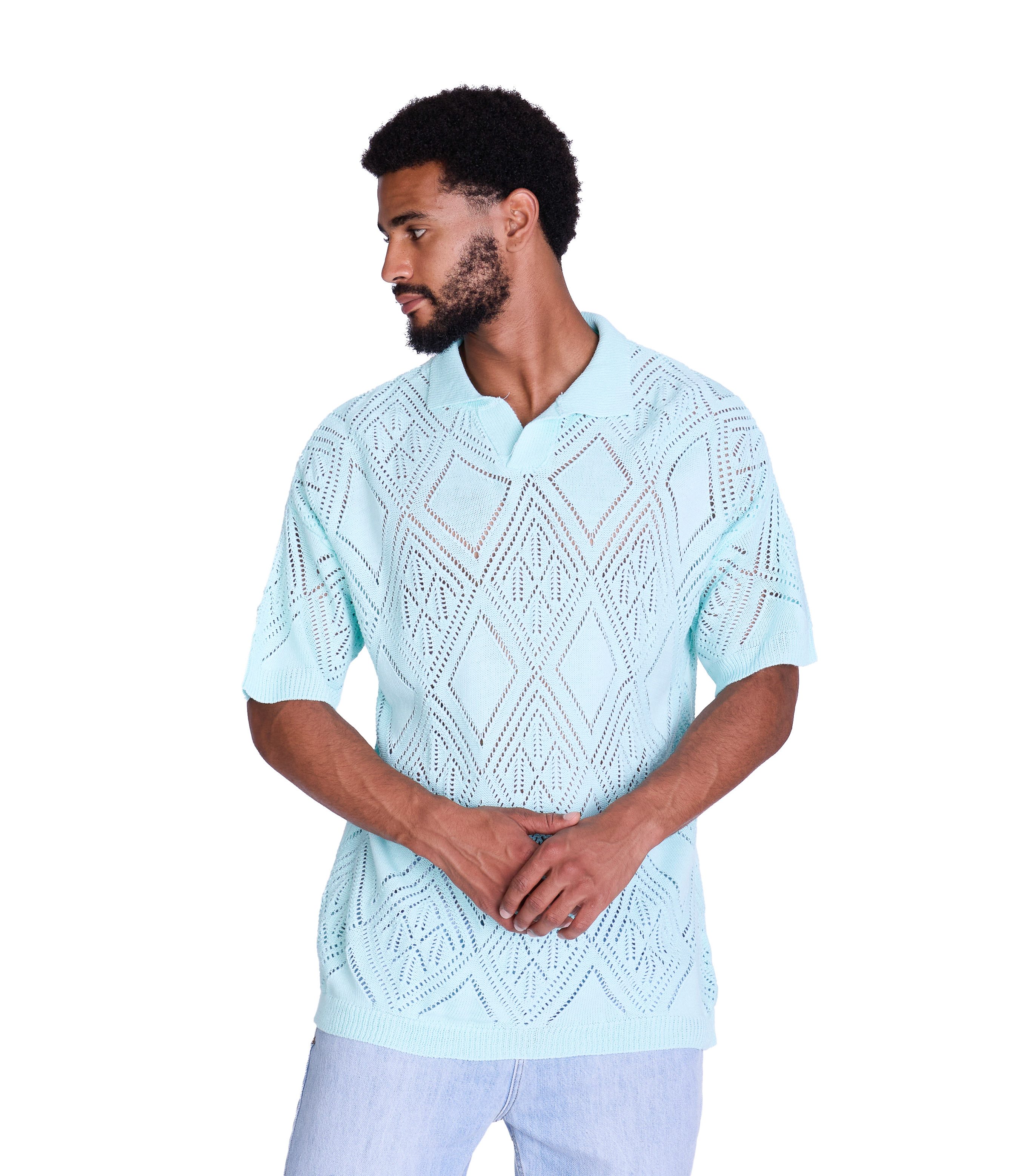 Denim House Poloshirt Lässiges Herren Oversized Sommer Feinstrick Poloshirt Mint M
