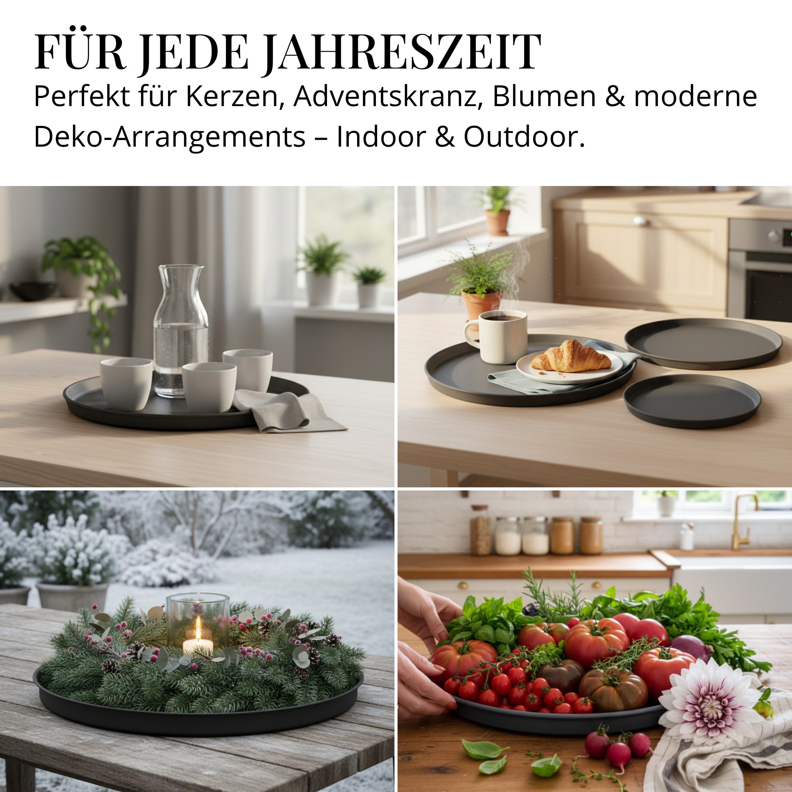 LIVLIG Dekotablett Deko Tablett, Serviertablett rund für Weihnachtsdeko & Adventskranz (Set, 3er Set), robust, pulverbeschichtet, modern, Ø 25 cm, 30 cm und 40 cm