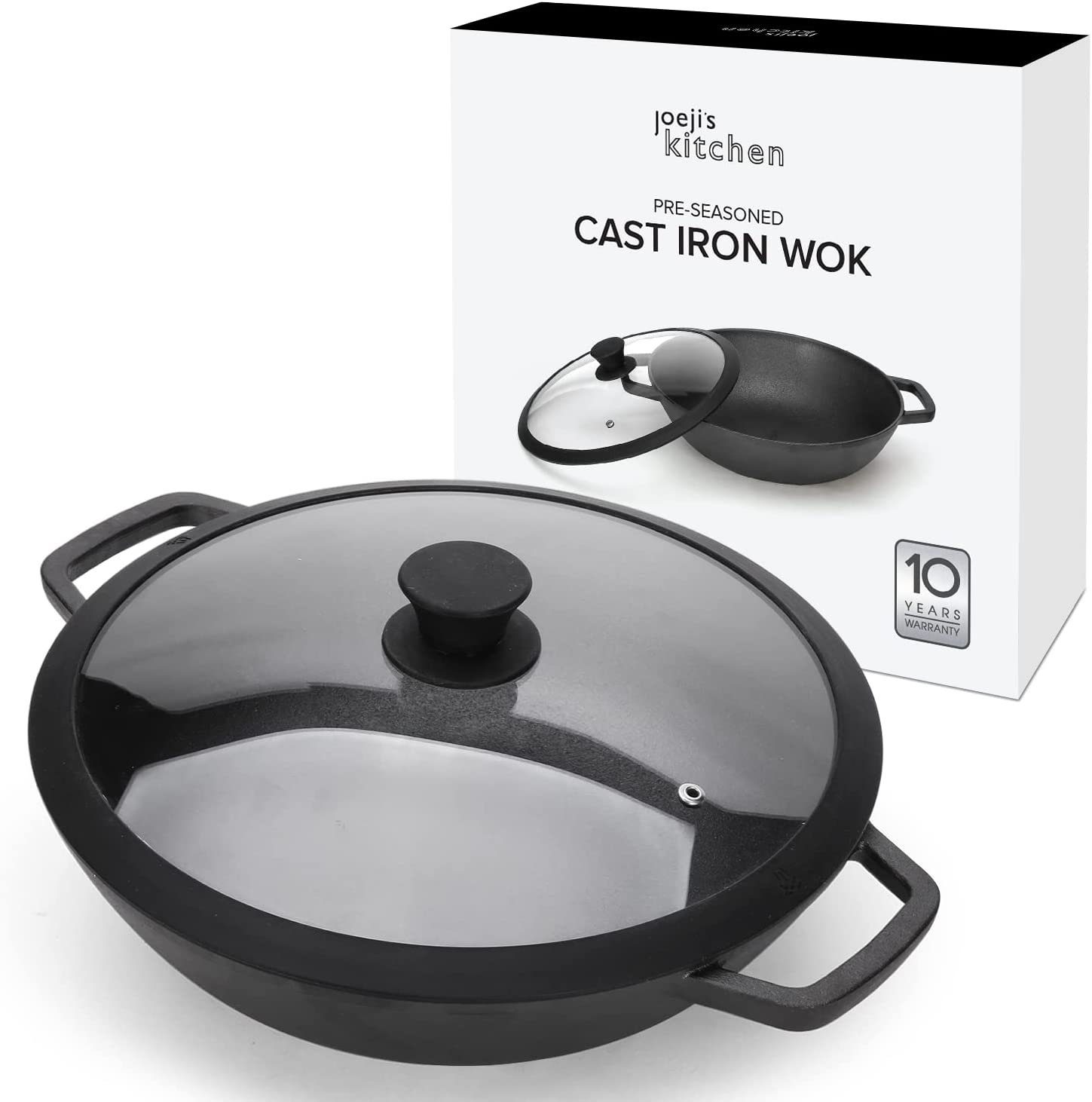 JOEJI’S KITCHEN Wok Gusseisen Wok Pfanne mit Deckel 31 cm Doppelgriff ...