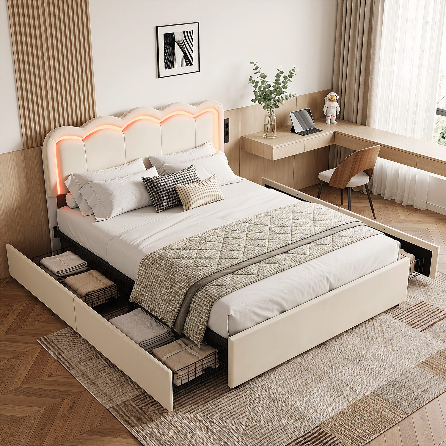 oyajia Polsterbett Kinderbett Jugendbett, Ladestation & LED-Beleuchtung,PU-Kunstleder (Kopfteil hochstellbar, 4 Schubladen), Modernes Jugendbett, Leises Design Bett, Max. Belastbarkeit 350 kg
