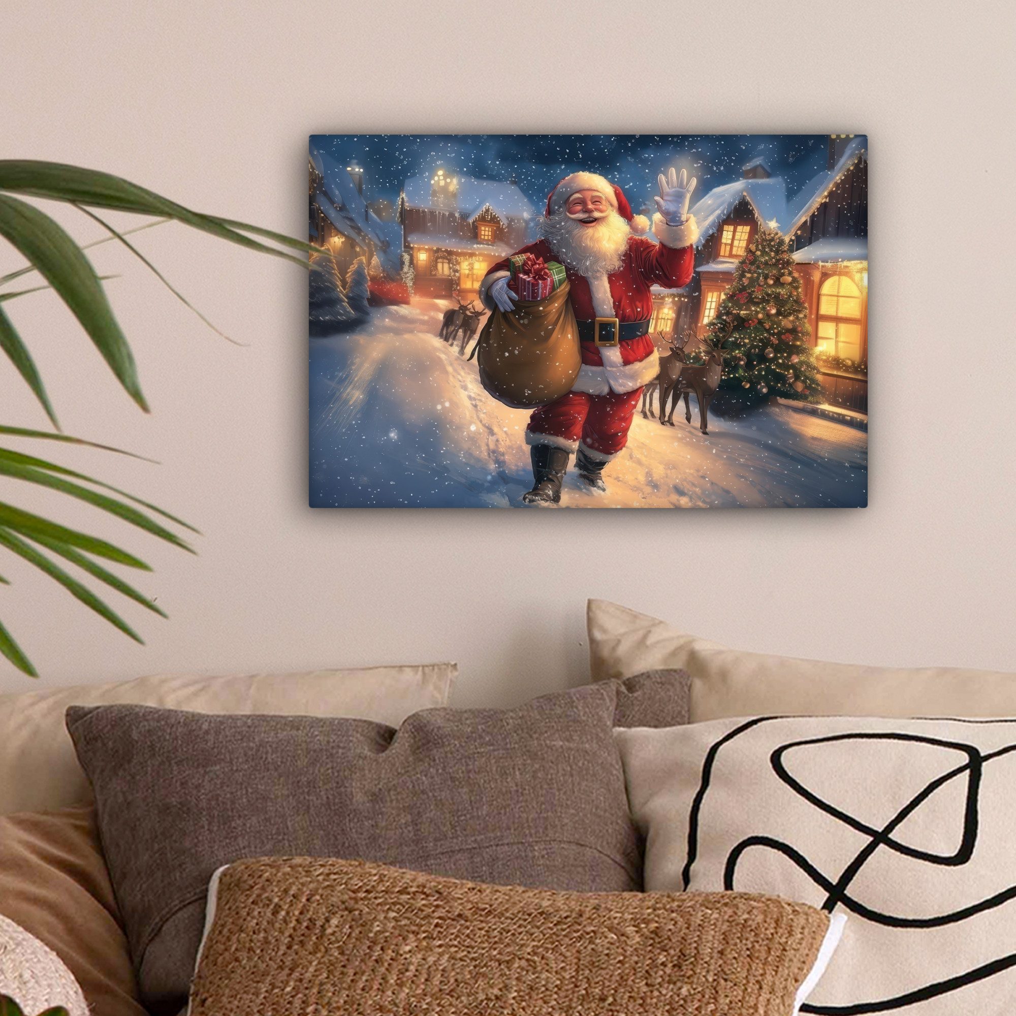OneMillionCanvasses® Leinwandbild Weihnachtsmann - Dorf - Hirsche - Dunkelh günstig online kaufen