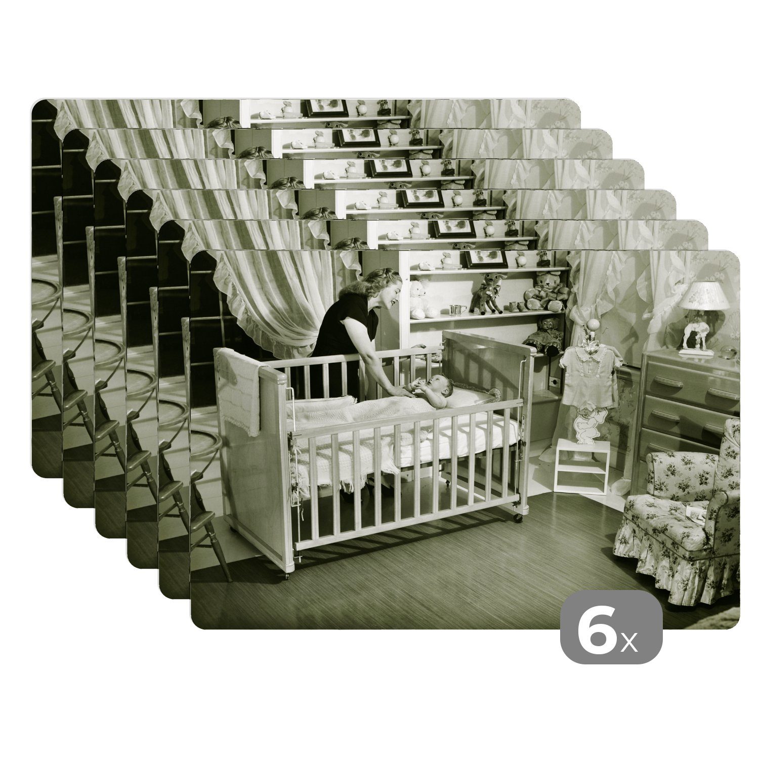 Platzset, Eine Mutter schaut ihr Kind im Kinderzimmer an, MuchoWow, (6-St), Platzset, Platzdecken, Platzmatte, Tischmatten, Schmutzabweisend