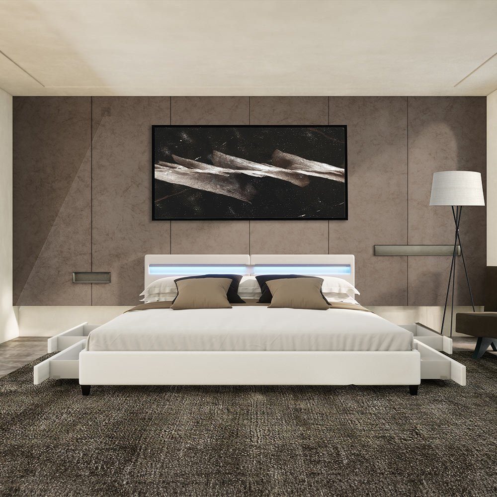 HOME DELUXE Kunstlederbett LED Bett mit Schubladen - 200 x 200 cm / 270 x 200 cm (inkl. Schubladen), gepolstertes Kopfteil, LED Beleuchtung, Familienbett, Staur – Bild 5 von 5