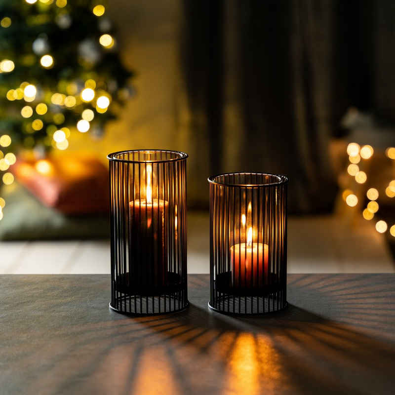 bremermann Kerzenhalter 2er-Set Kerzenhalter mit Glaseinsatz, Windlicht, Metall, schwarz matt
