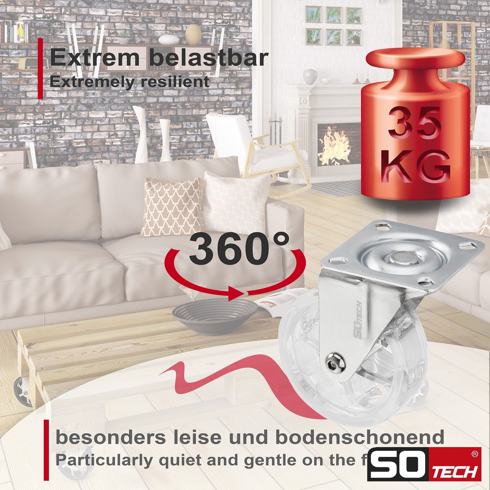 SO-TECH® Möbelrolle RAPID Design Lenkrolle, (1-St), Ø 75 mm transparent ohne Bremse (Feststeller)