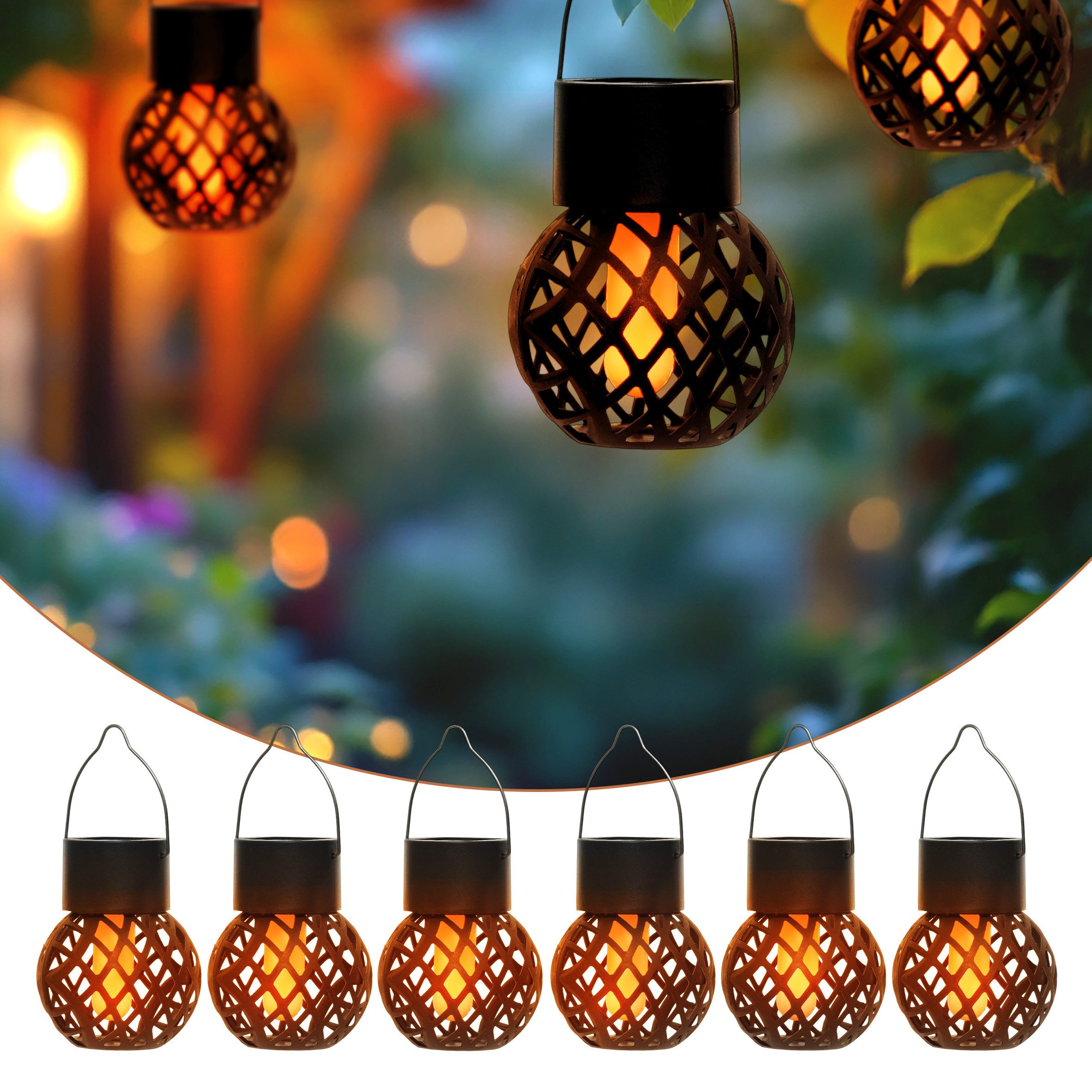 Spetebo LED Laterne Solar Mini Hängeleuchten 9 x 7 cm mit Flammeneffekt 6er Set, mit Metall-Bügel zum Aufhängen, LED fest integriert, orange (feuerfarben), Dämmerungssensor