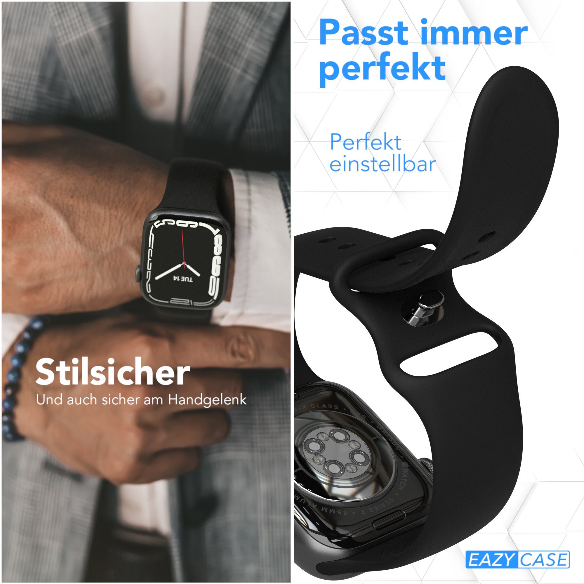 EAZY CASE Uhrenarmband Silicon Armband iWatch 11 10 9 8 7 6 5 4 3 2 SE Ultra, Ersatzarmband Apple iWatch 42mm 41mm 40mm 38mm Band flexibel Schwarz
