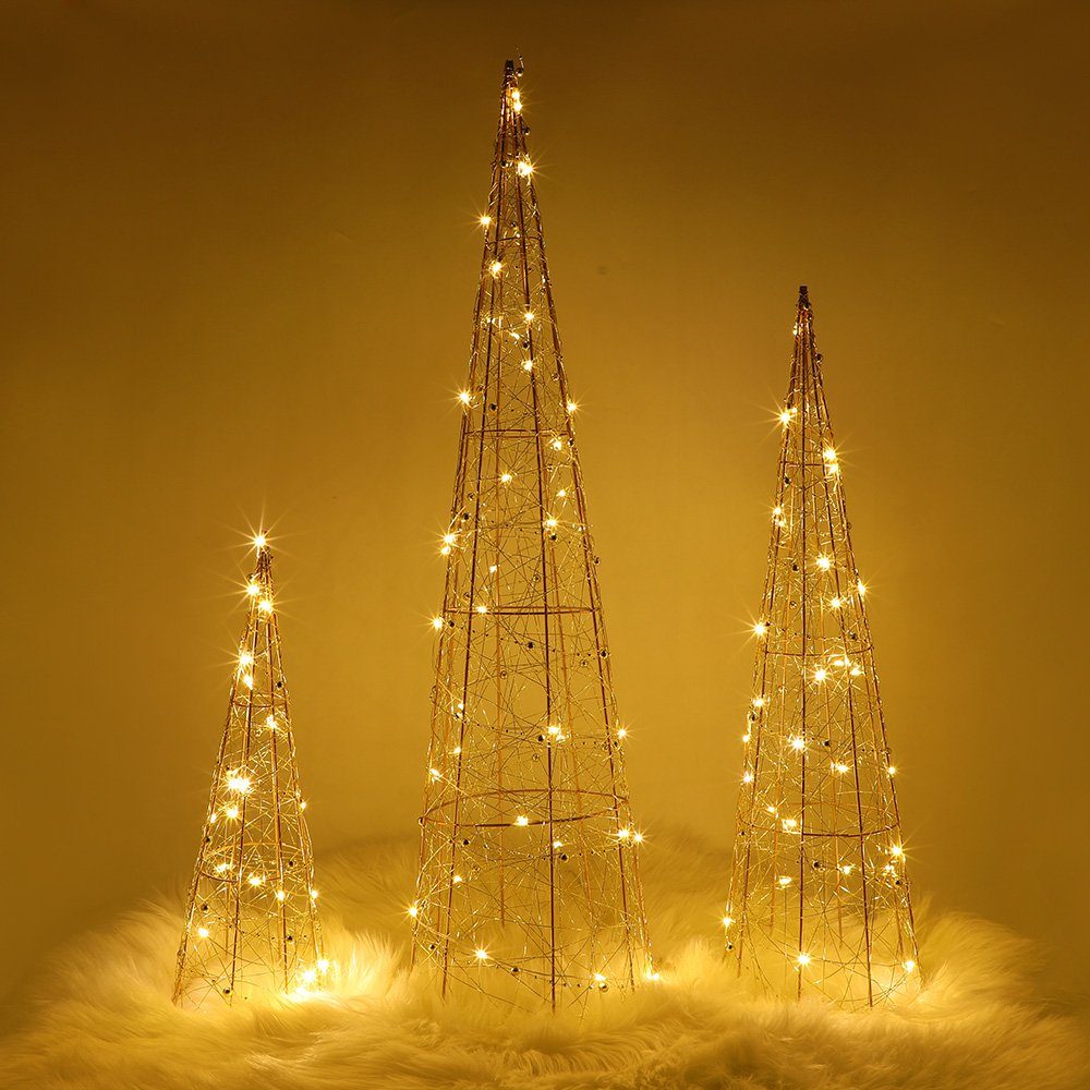 fest integriert, Weihnachtsdeko, LED Höhe:40/60/80CM, XIIW LED-Bäume, Pyramiden Batteriebetrieb, Weihnachtspyramide, Lichtpyramide, LED 3er 90 LEDs, Dekoobjekt WARMWEISS, Metall