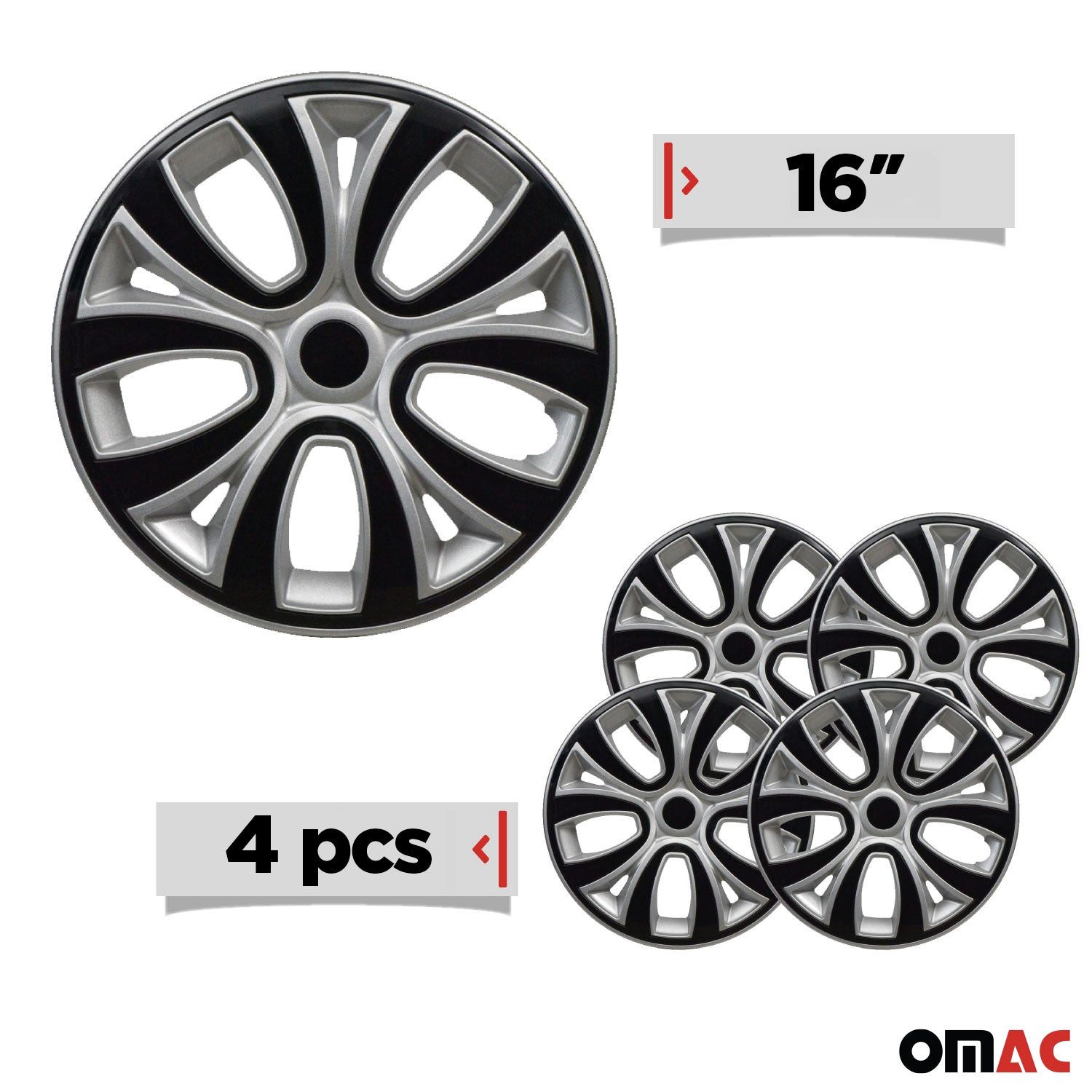 OMAC Wheel Covers 16 inch Grey & Black 4-piece set, (4-pcs) Easy installation, lightweight, car wash safe
