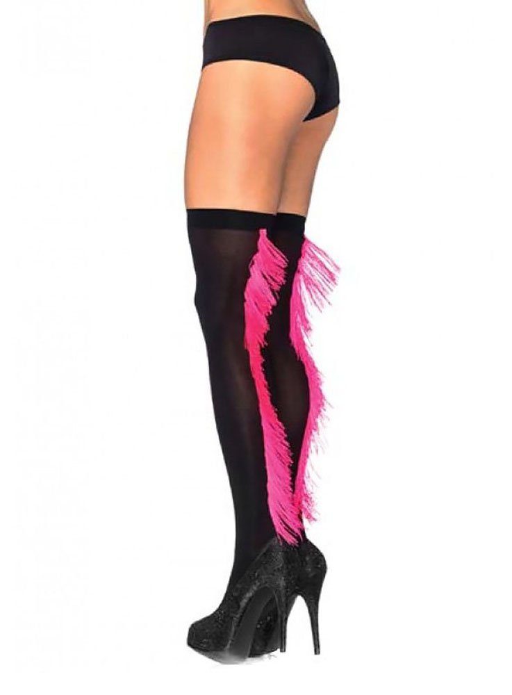 Overknees Schwarze Strümpfe mit pinkfarbenen Fransen