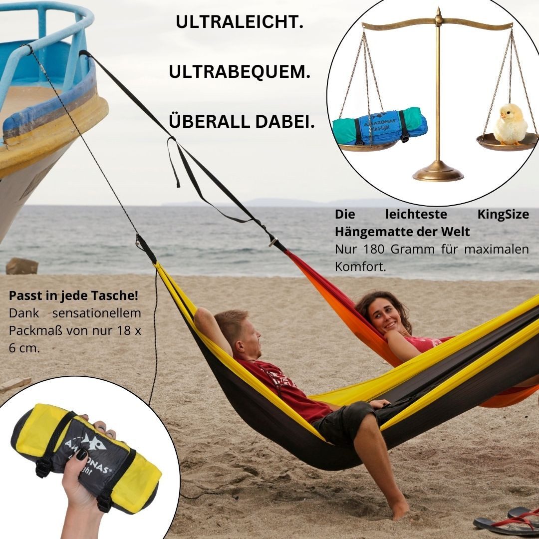 Amazonas Hängematte Ultra-Light Adventure Hammock: Leichtgewichtiges Outdoor-Erlebnis (Packmaß ca. 18 x 6 cm), nur 180 g