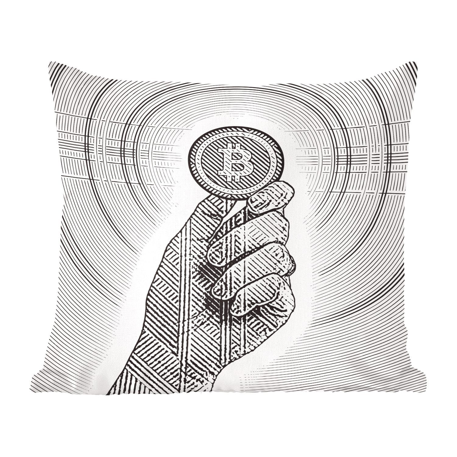 MuchoWow Dekokissen Gravur-Illustration einer Hand mit einer Bitcoin, Zierkissen mit Füllung für Wohzimmer, Schlafzimmer, Deko, Sofakissen