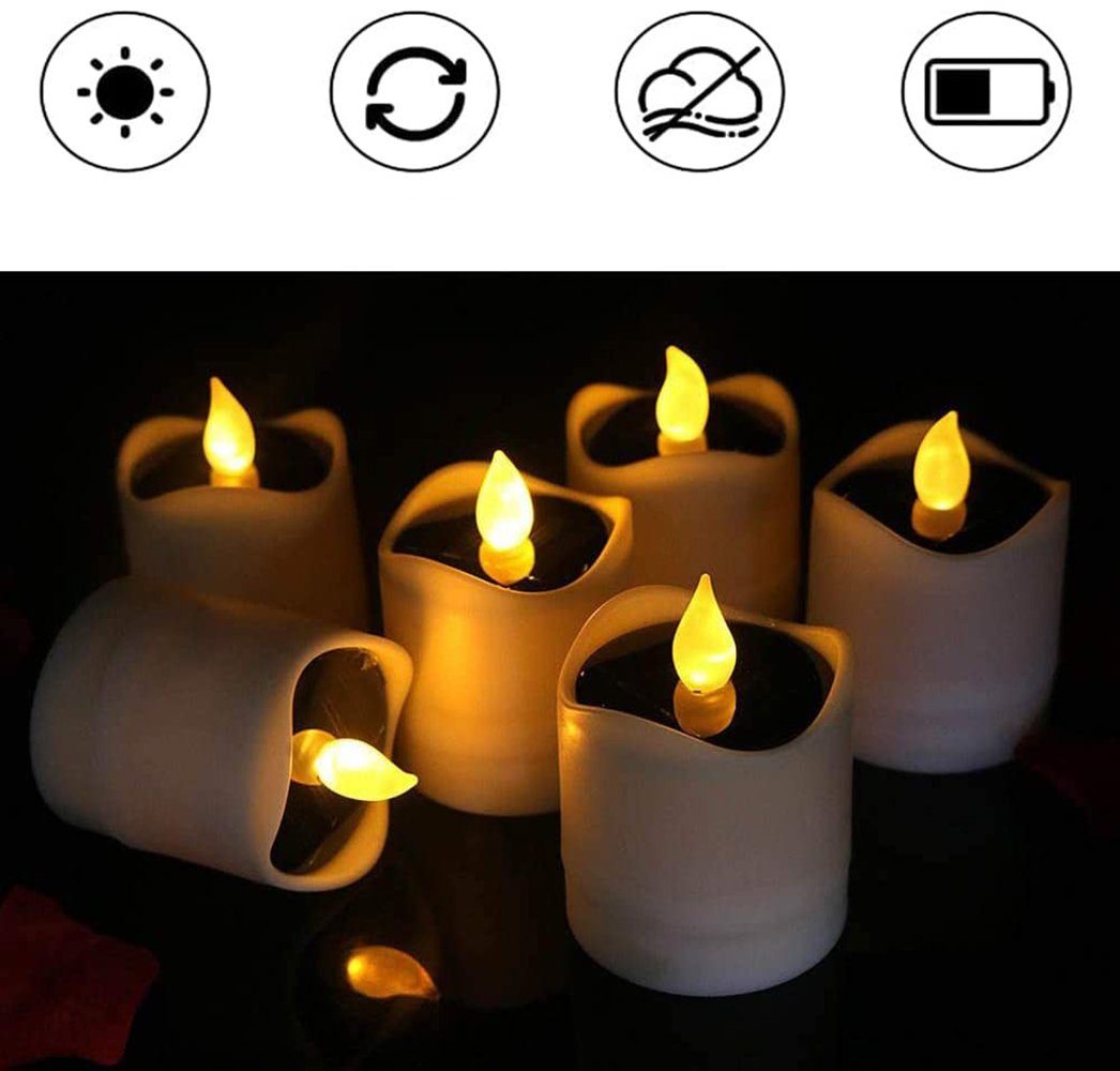 6er Set LED Außen Solar Teelichter Feuer Effekt Kerzen Dekoration Garten Lampen 
