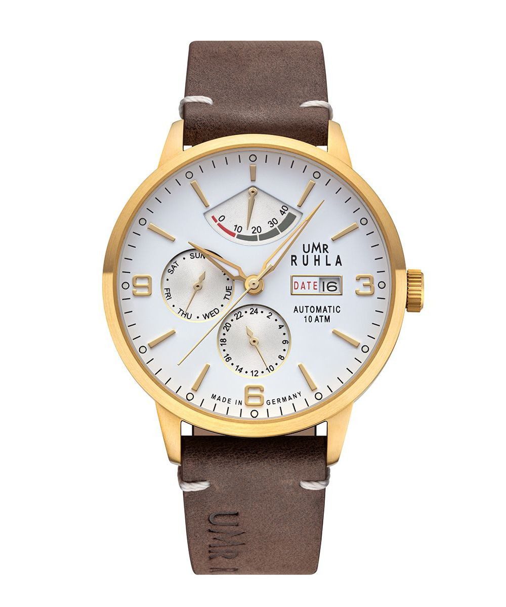UMR Ruhla Automatikuhr 80274 Herrenuhr 42 mm IP-Gold Weiß Lederarmband - Made in Germany