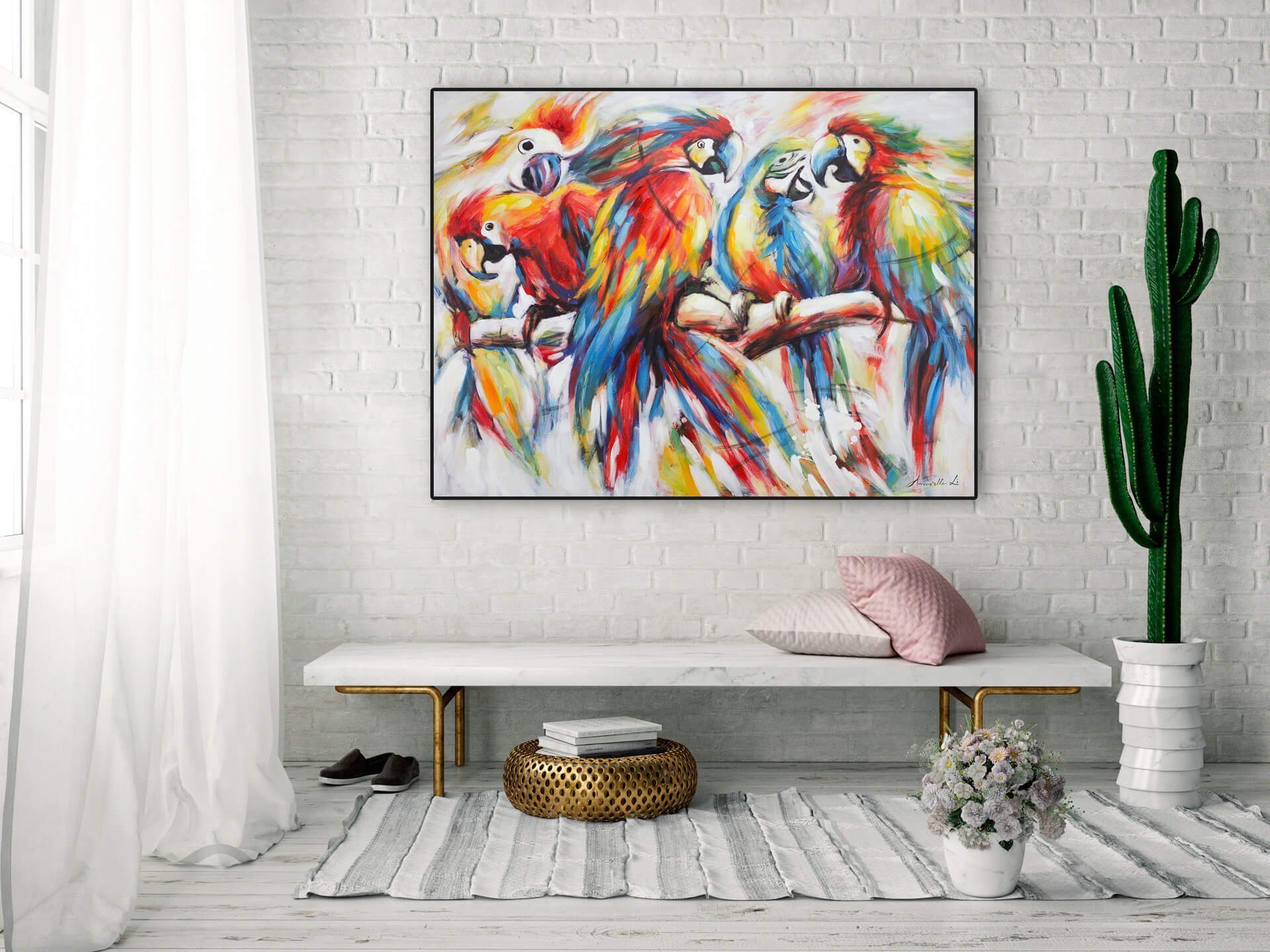 Wohnzimmer cm, Wandbild Gemälde Parrots 100% Love 120x90 HANDGEMALT Leinwandbild in KUNSTLOFT