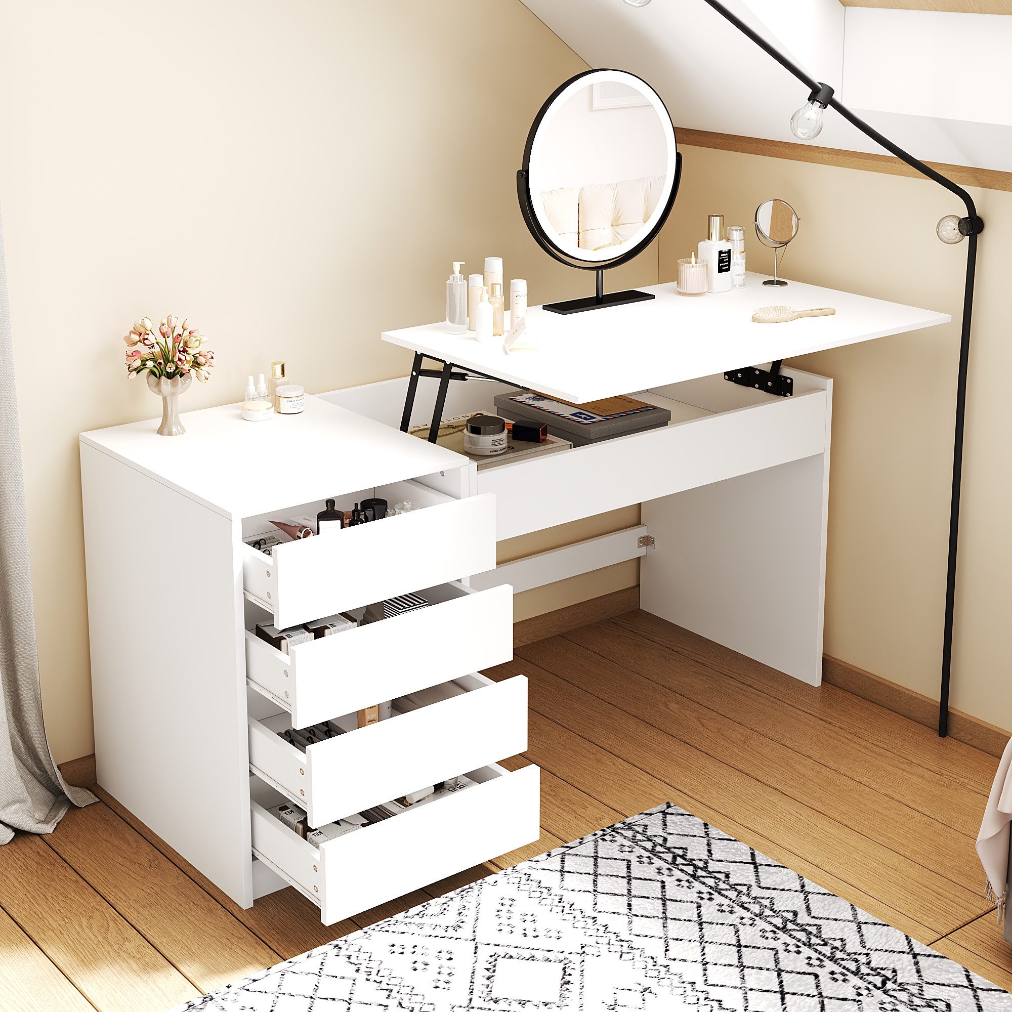 Flieks Schreibtisch mit höhenverstellbarer Tischplatte und verstecktem Stauraum (120×50×78–92 cm, 1-St., 1 Tisch mit 4 Schubladen), multifunktionales Computertisch Schminktisch Bürotisch Weiß