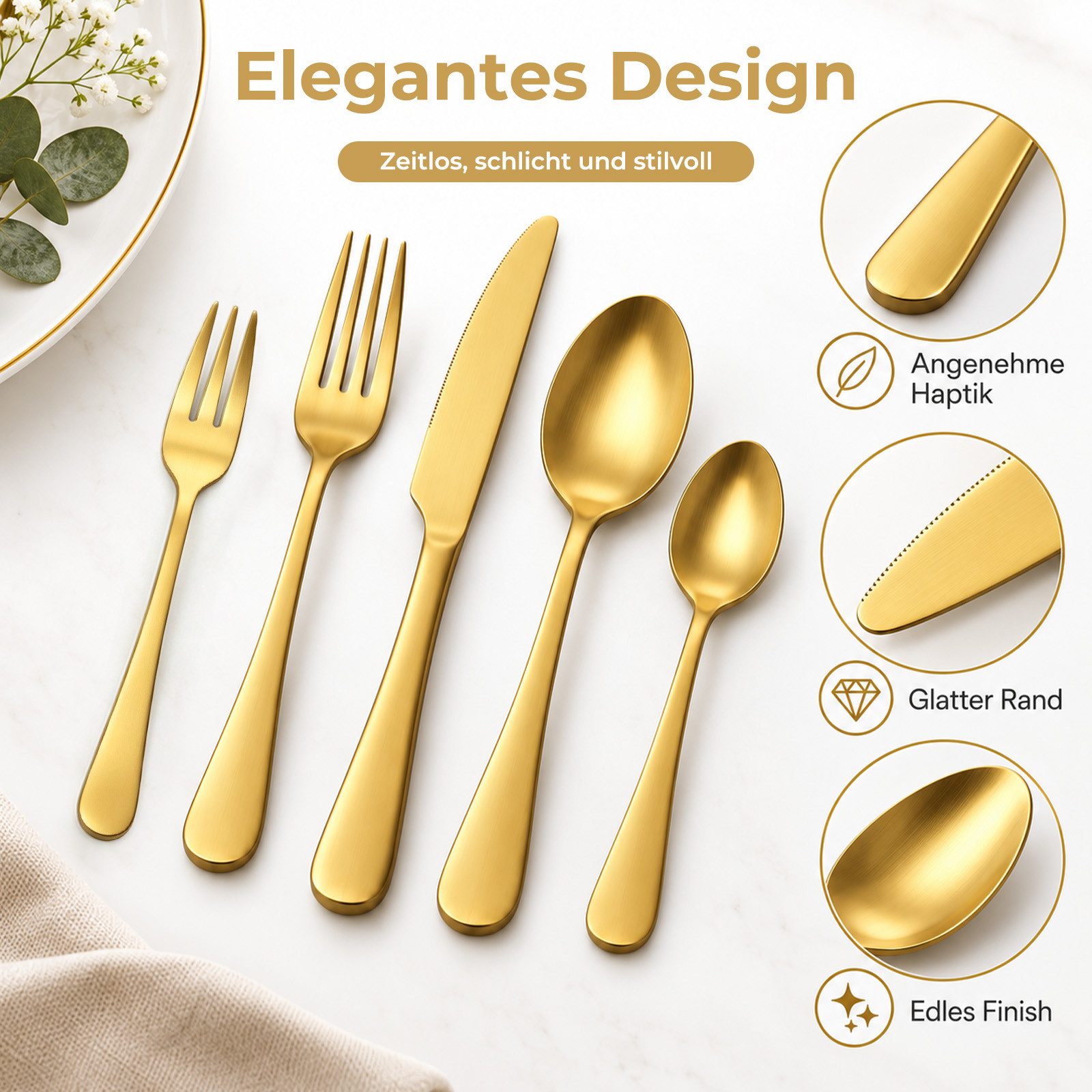 AKKEE Besteck-Set für 6 Personen, 30 teilig Titanium Gold Essbesteck Set, 6 Personen, inkl. Messer, Gabel, Löffel, Besteck Edelstahl, Spülmaschinenfest – Bild 2 von 5