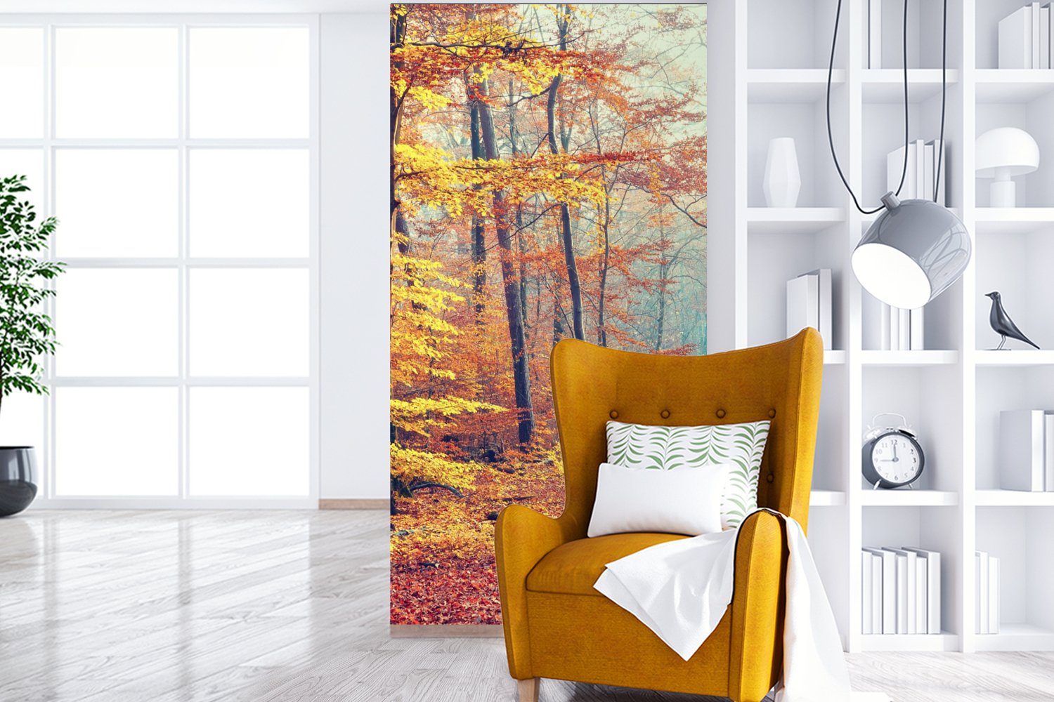 Laub, Wald für Wohnzimmer bedruckt, Fototapete Herbst Küche, Schlafzimmer Matt, MuchoWow - Vliestapete (2 Fototapete St), -