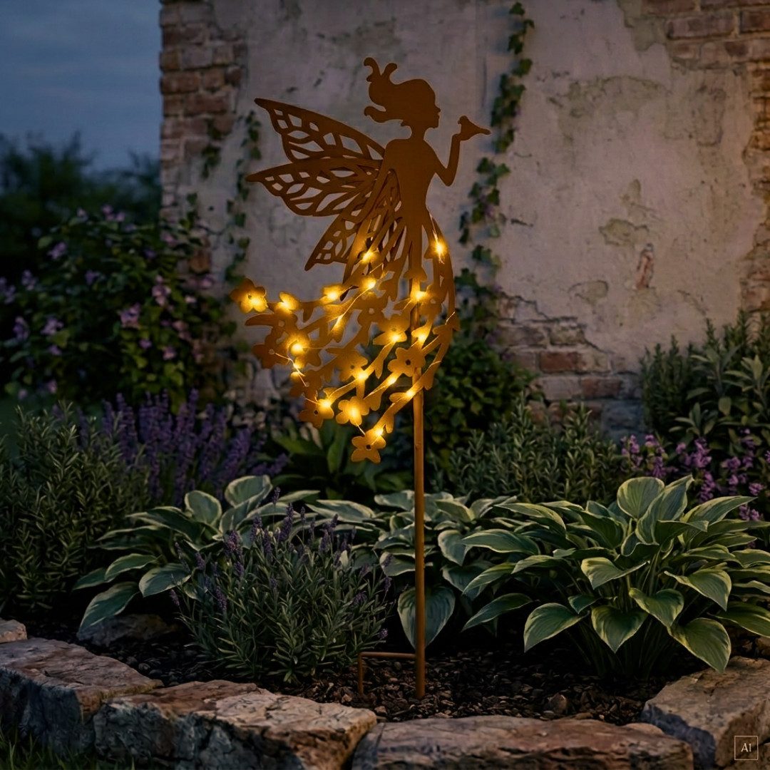 abc HOME Gartenstecker Solar Fee Edelrost – 20 LED Warmweiß – 65 cm hoch