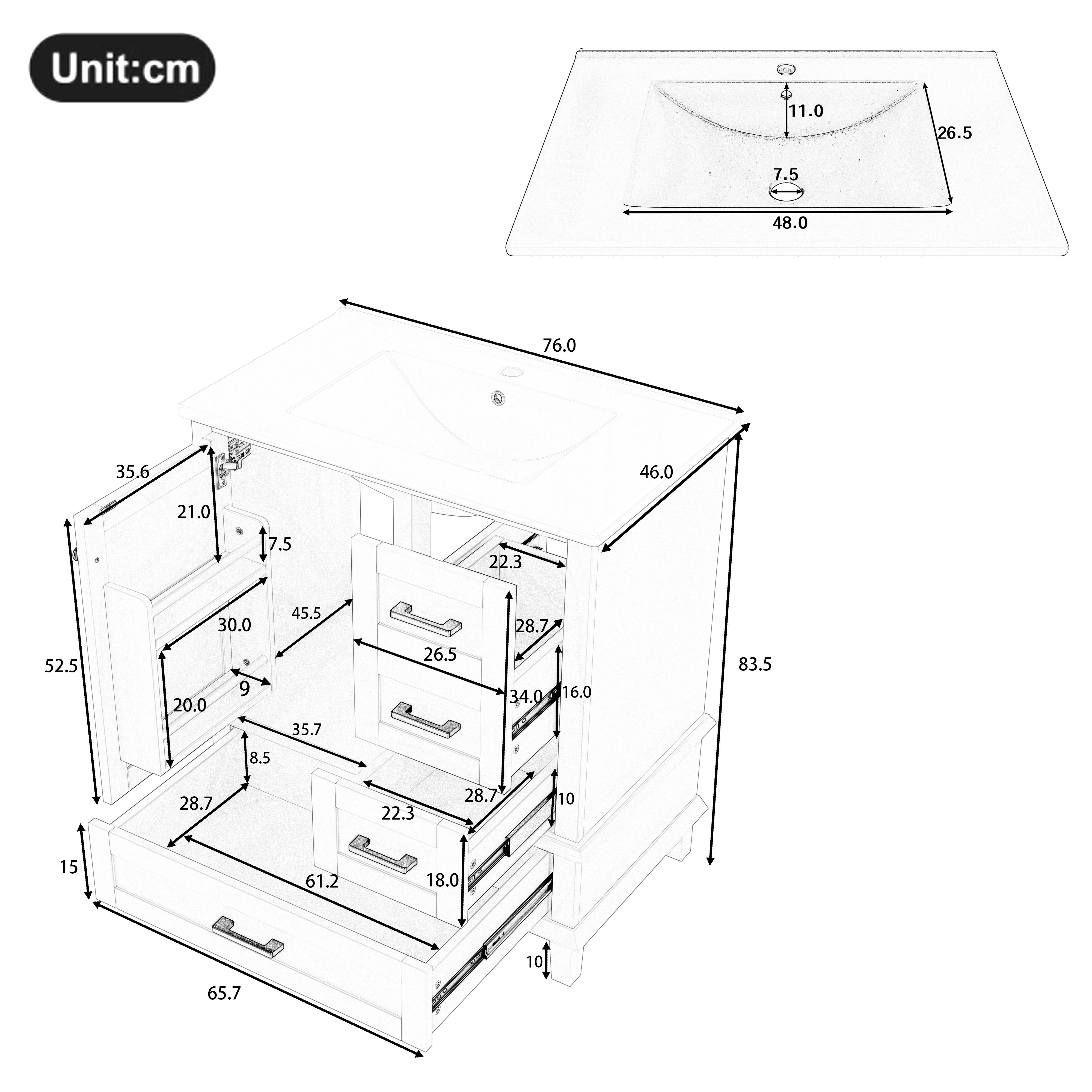 Gdood Waschbeckenschrank Badezimmerschrank Bodenstehender Mit Keramikbecken (1-St., 76 x 46 x 83.5 cm) Mit Waschbecken, drei Schubladen, integriertes Keramikwaschbecken
