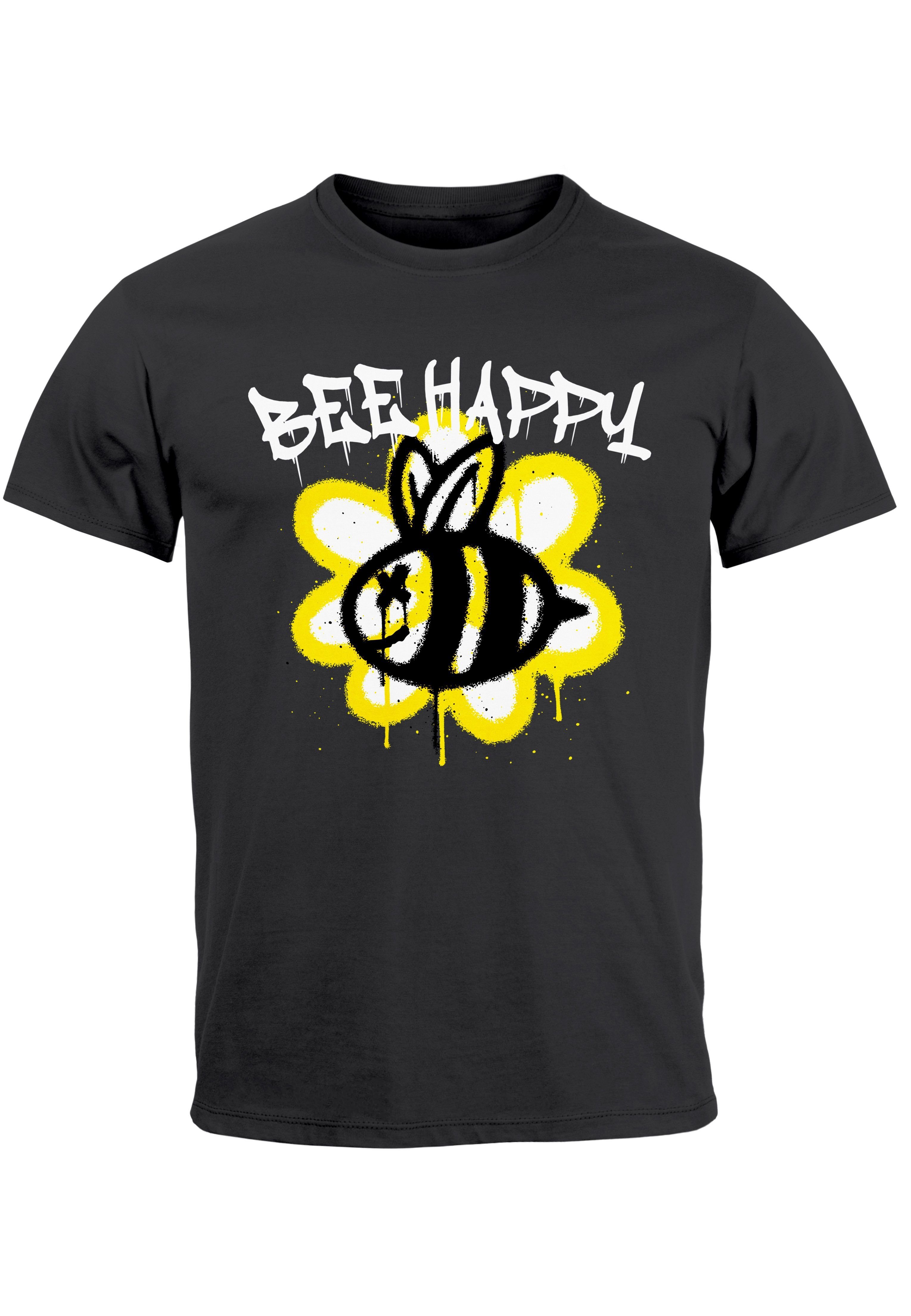 Neverless Print-Shirt Herren T-Shirt Aufdruck Bee Happy Biene Blume Graffiti SchriftzugFashi mit Print anthrazit