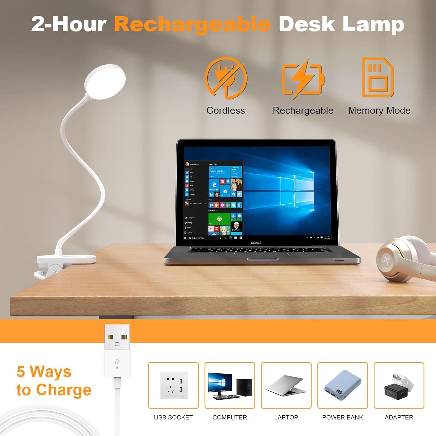 FELIXLEO LED Leselampe 61 LED Akku Leselampe Bett 2000mAh Klemmlampe 3 Modi USB-C – Bild 4 von 5
