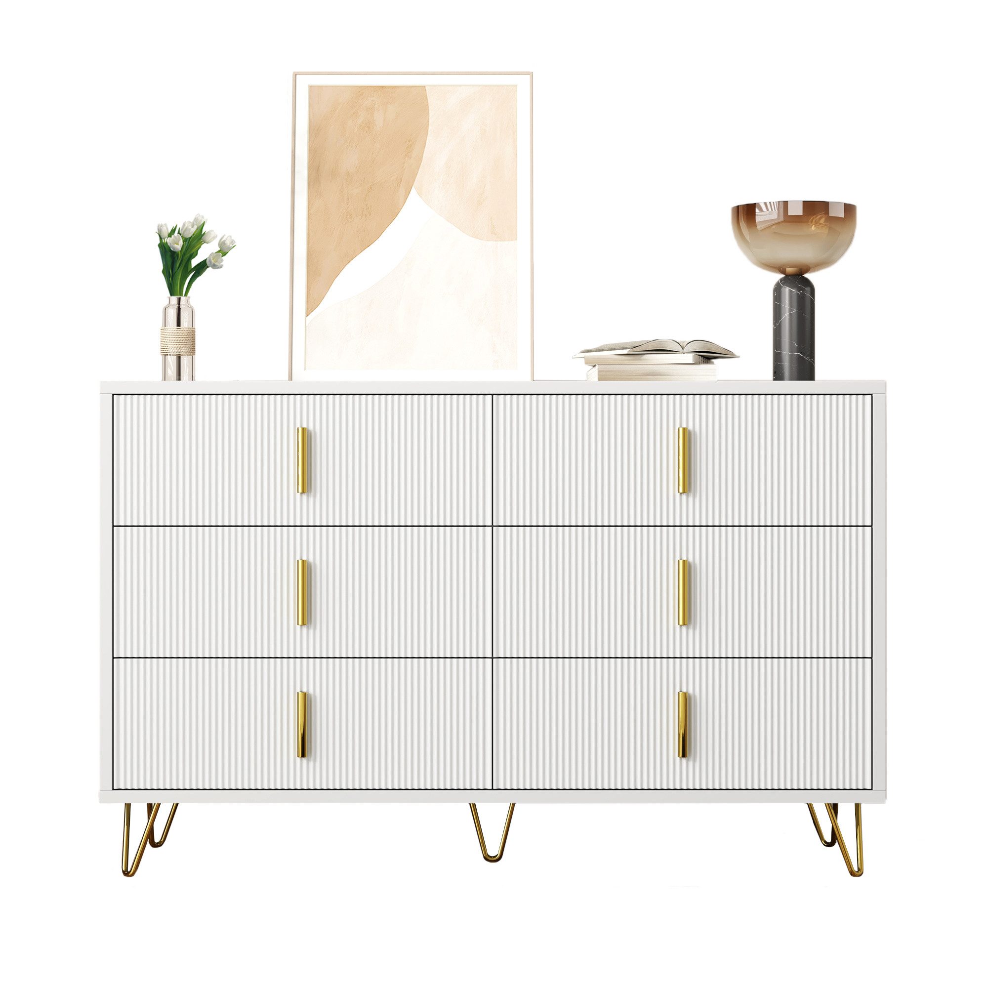 Sideboard mit 6 Schubladen, Kommode mit viel Stauraum, goldene Griffe Weiß