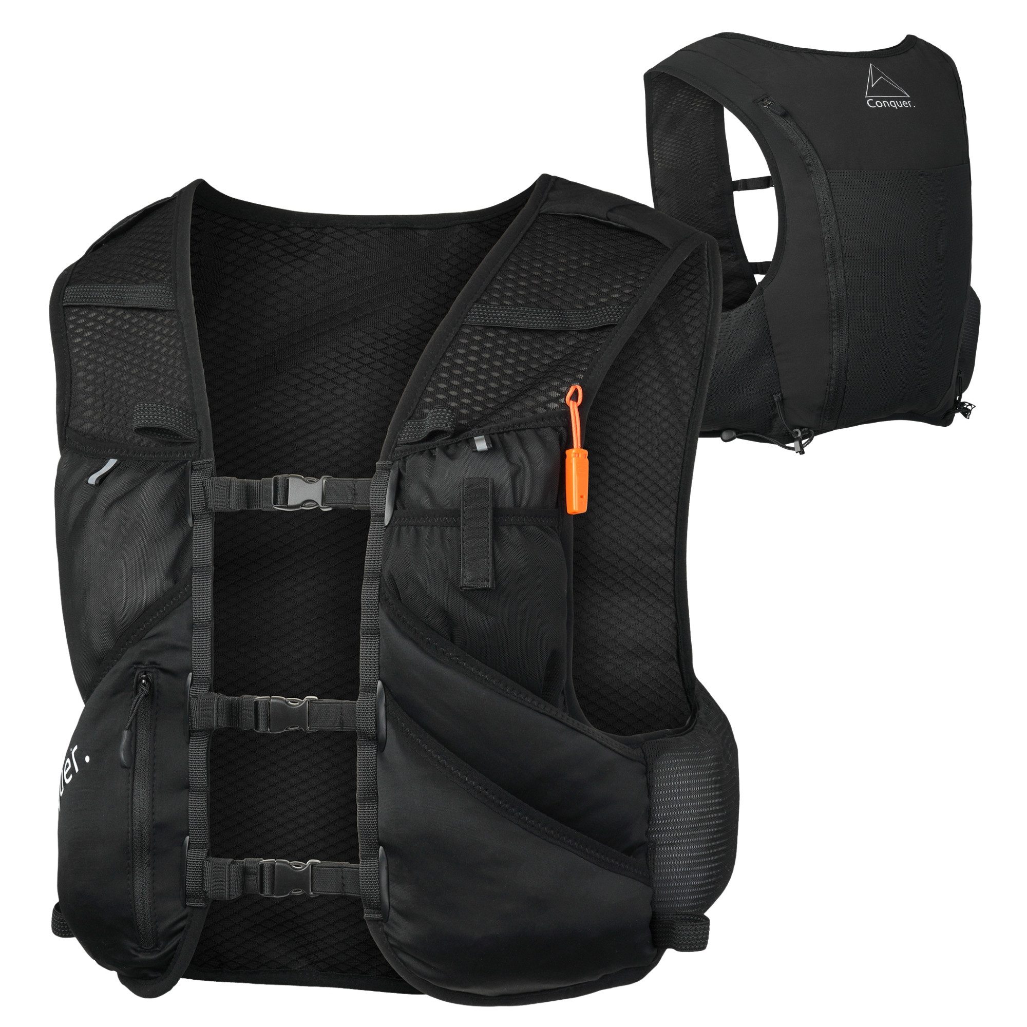 Conquer. Trinkrucksack Laufweste 5L Damen & Herren, ultraleicht – für Trailrunning & Wandern, Flaschenhalterungen vorne, Stockhalterung, Reißverschlussfach