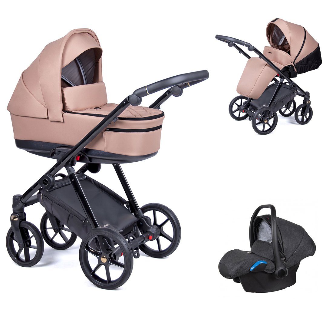 babies-on-wheels Kombi-Kinderwagen 3 in 1 Kinderwagen-Set Axxis - 15 Teile - in 24 Designs Beige = Gestell schwarz