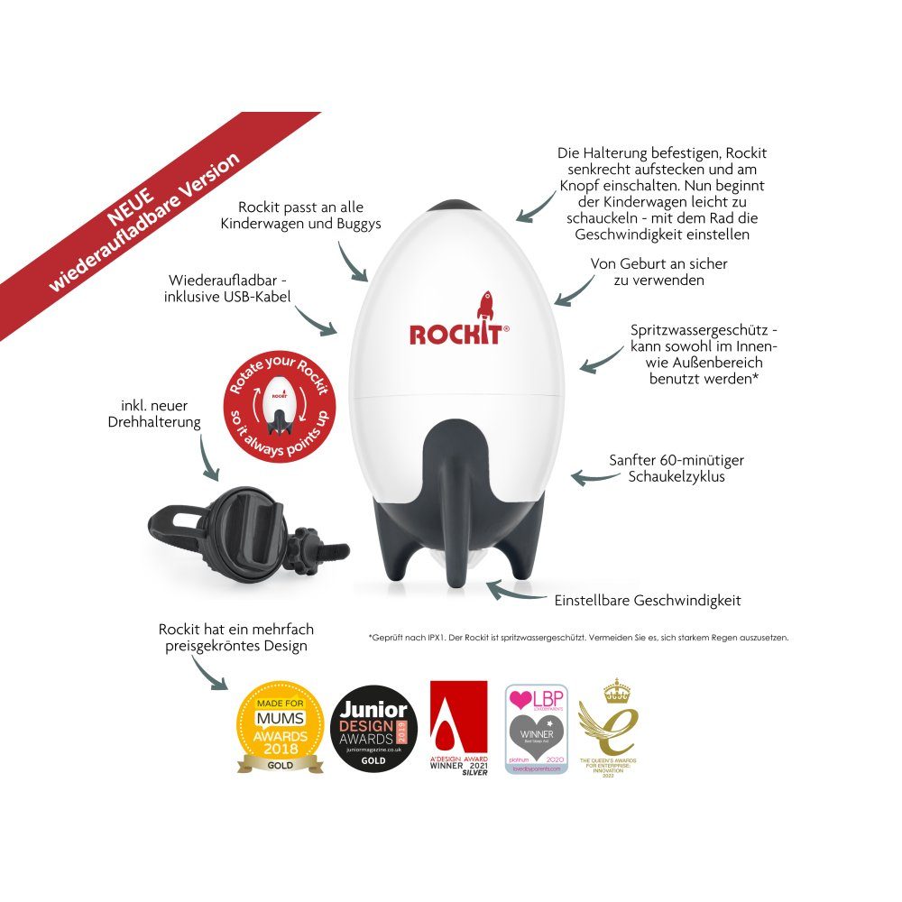 Rockit Kinderwagenaufsatz Rockit Kinderwagenschaukler (wiederaufladbar) mit drehbarer Halterung, Passend für alle Kinderwagen und Buggys, leiser Motor, 60-min. Zyklus