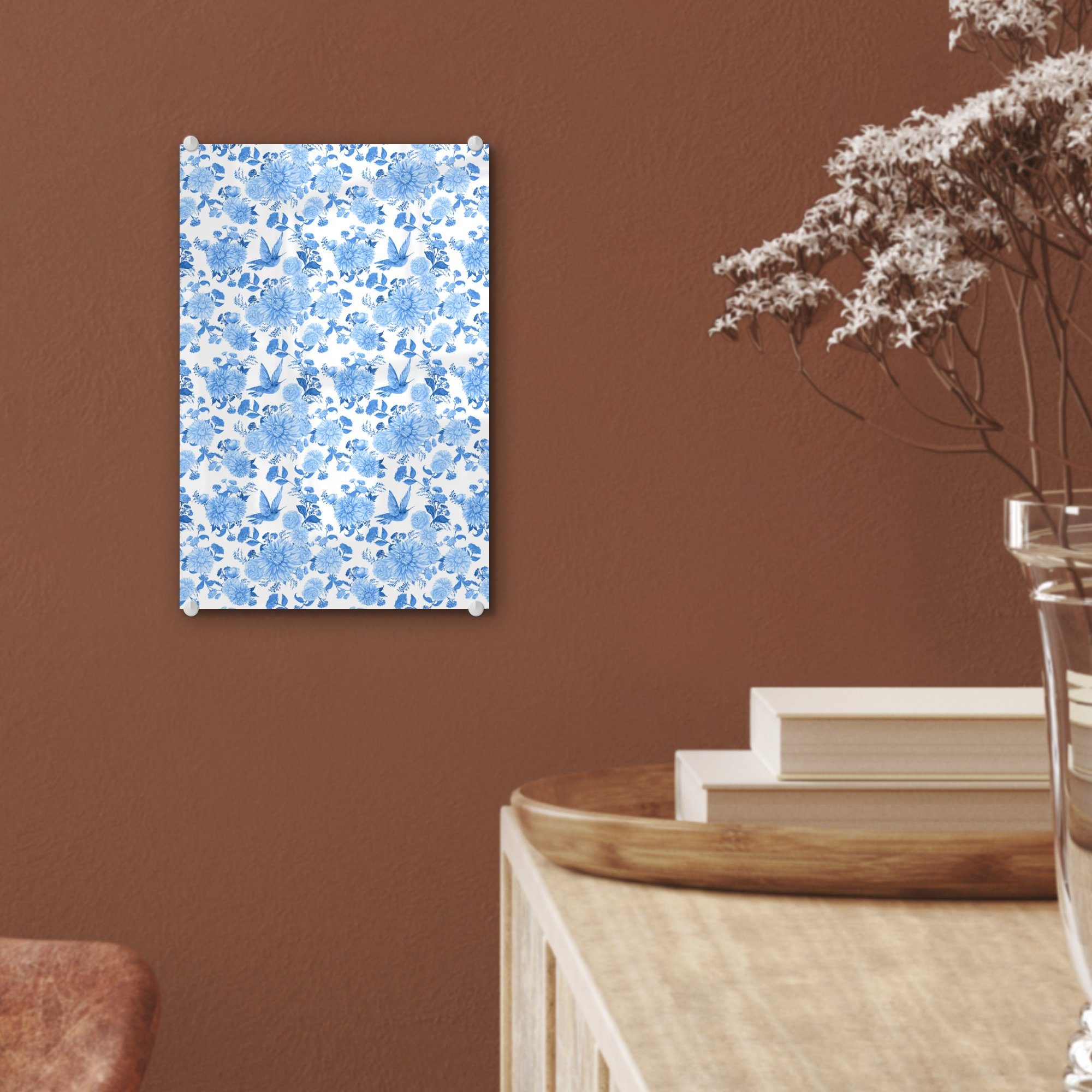 - Blau, Acrylglasbild - Rosen auf Wanddekoration Vögel auf Wandbild (1 MuchoWow - Blumen Glas St), - Glasbilder - Bilder Foto - Glas