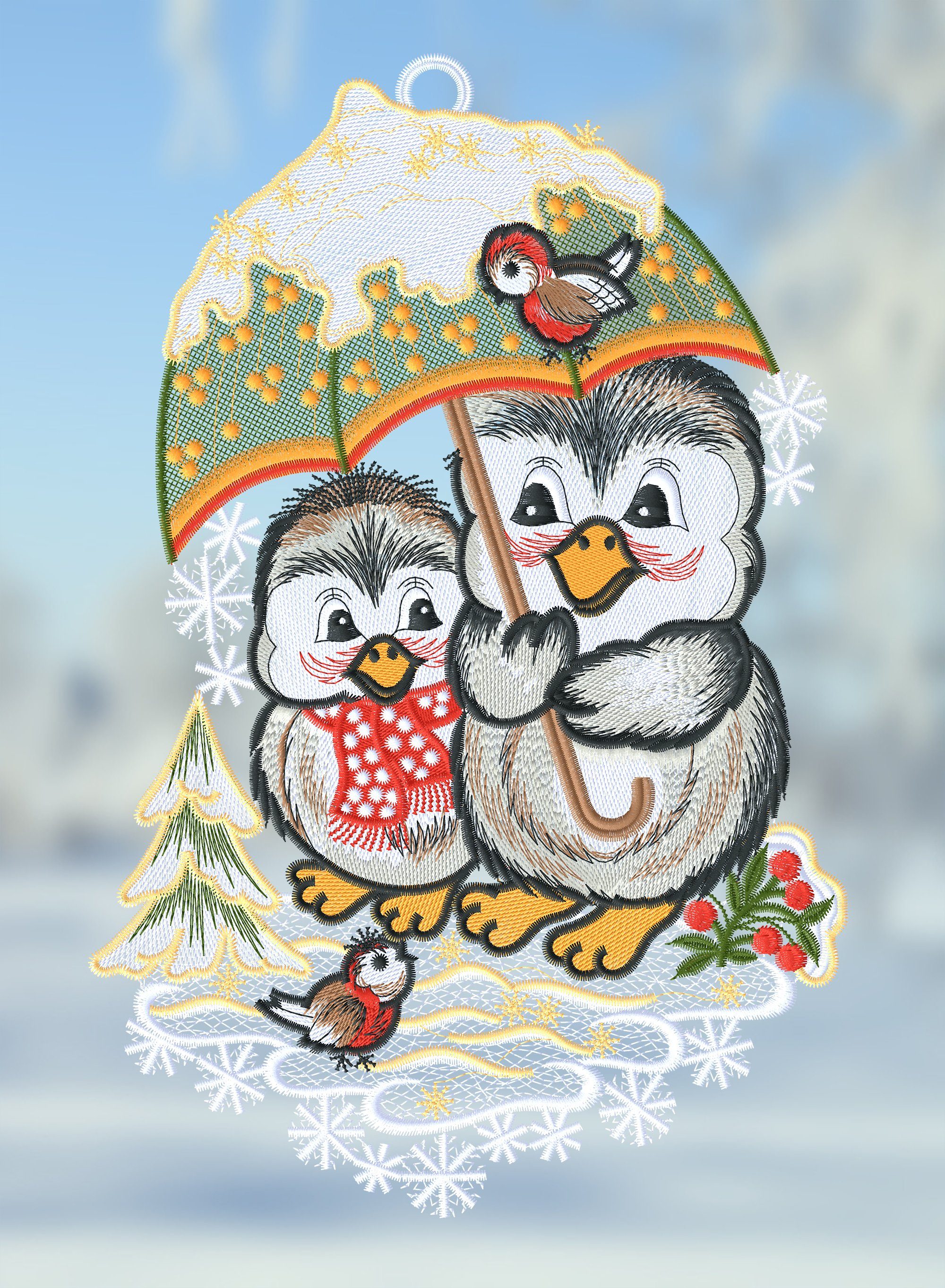 Plauener Spitze® Fensterbild Pinguinpaar mit Schirm, günstig online kaufen