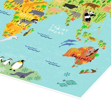 Posterlounge Poster Kidz Collection, Weltkarte mit Tieren (Englisch), Kinderzimmer Kindermotive