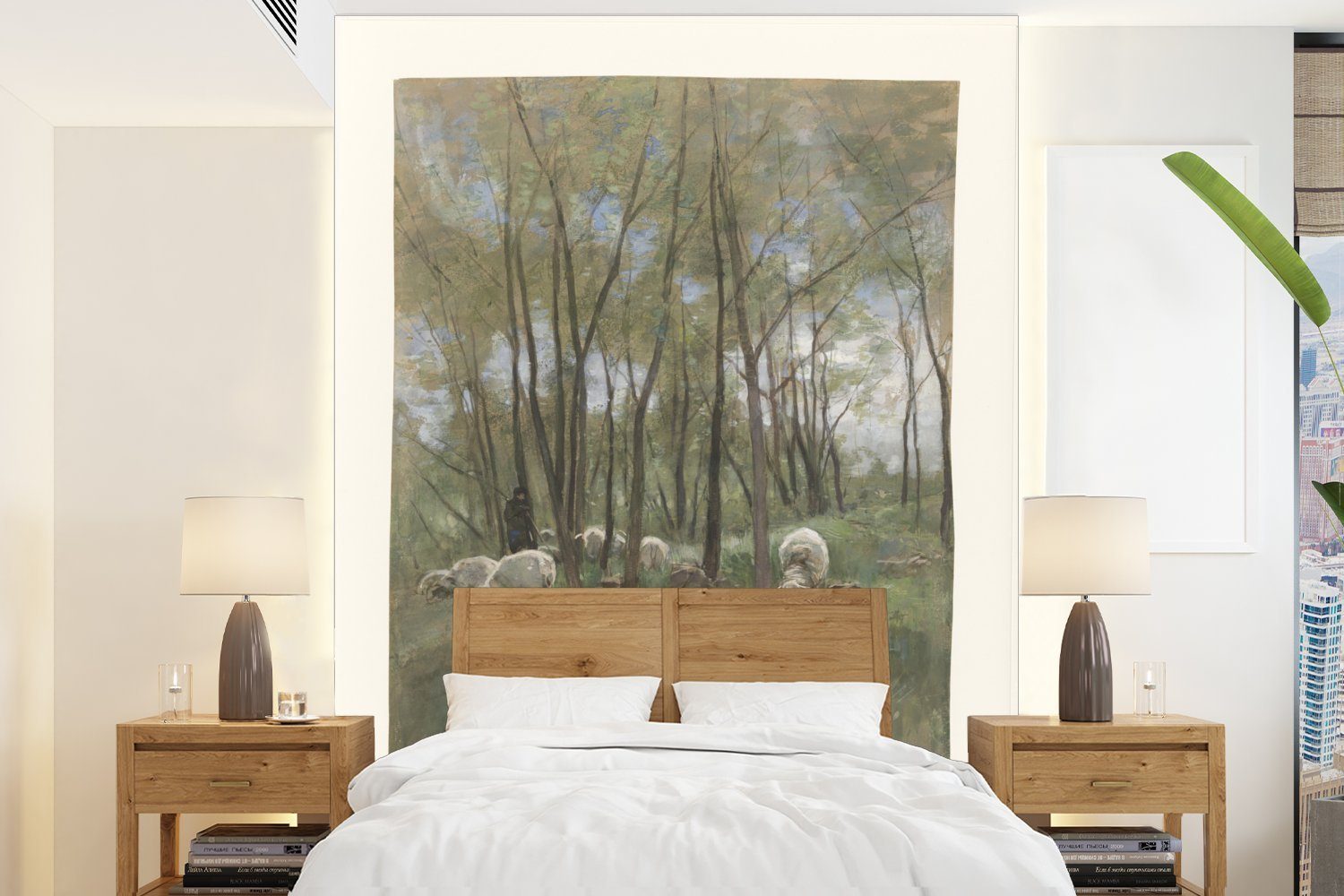 MuchoWow Fototapete Schafherde in einem Wald - Gemälde von Anton Mauve, Matt, bedruckt, (4 St), Montagefertig Vinyl Tapete für Wohnzimmer, Wandtapete