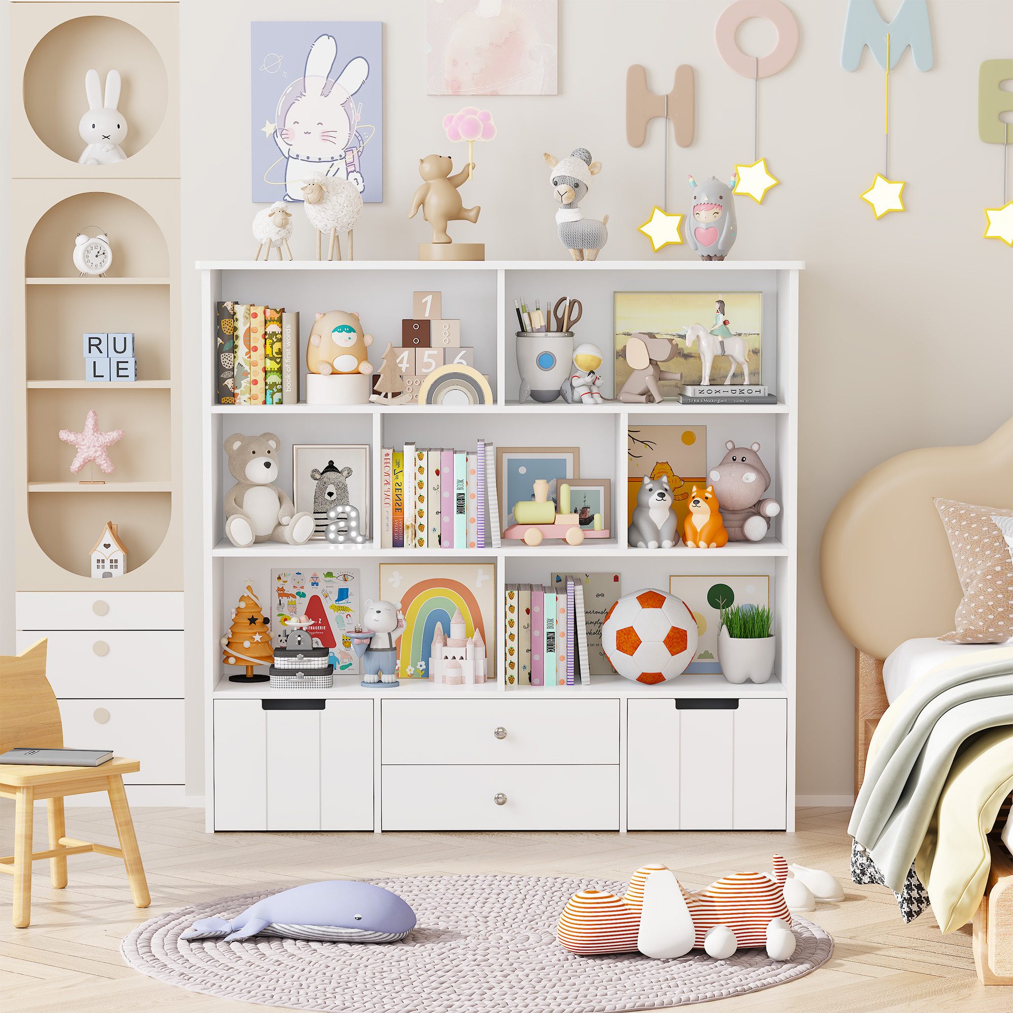 Homfa Kinderregal mit 2 Spielzeugkisten auf Rollen und 2 Schublade, Spielzeugregal mit 7 offenen Fächern Spielzeugtruhe 125x120x33cm weiß – Bild 2 von 5