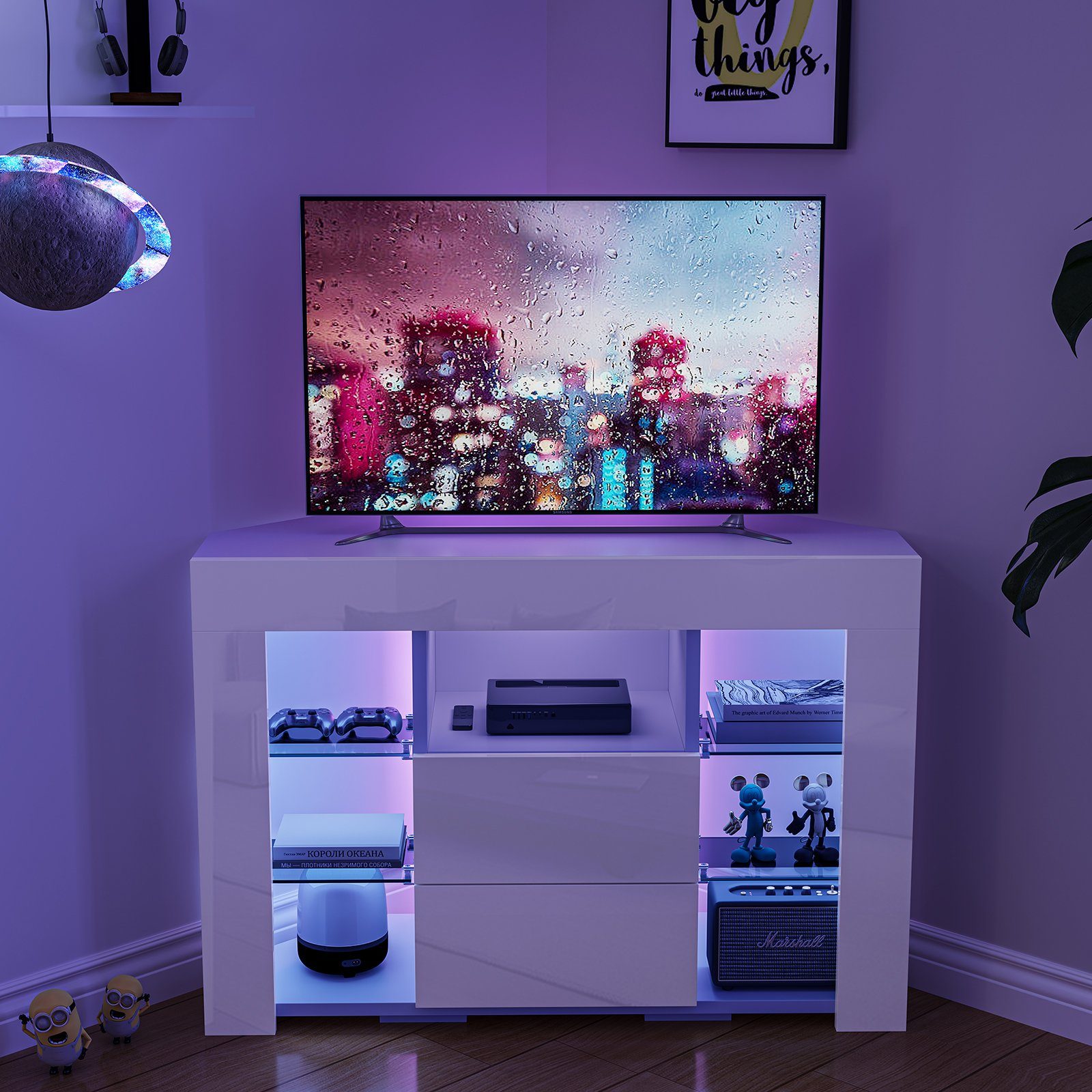 Dripex Lowboard TV Eckschrank Fernsehtisch Hochglanz mit LED 100x40x68 cm, weiß – Bild 5 von 5