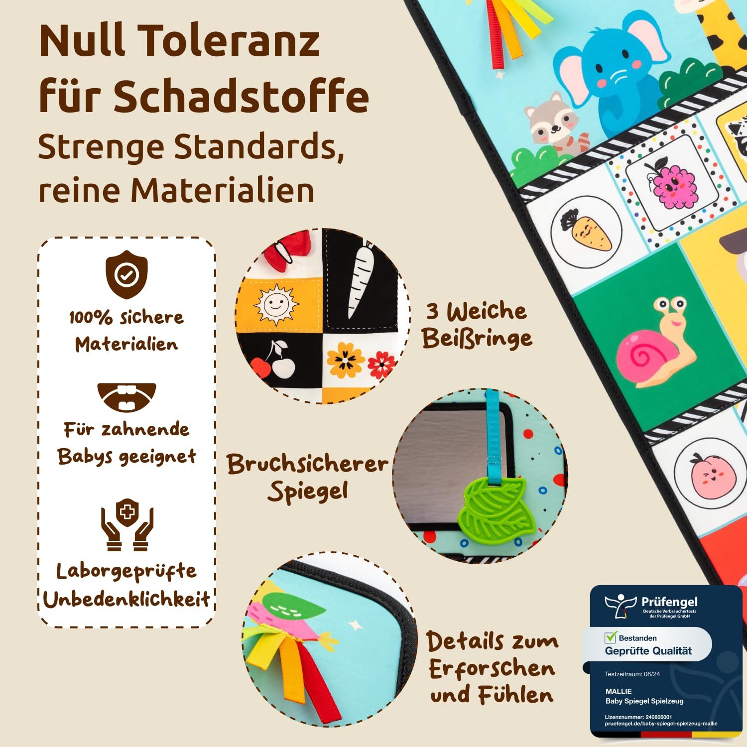 Mallie Babyspiegel Sensorik Baby Spiegel Spielzeug mit Bauchlage Knisterbuch (Babyspielzeuge ab 0, 3, 6 Monate I Baby Mirror Toy mit Schwarz Weiß Kontrast Muster, 1-St), Tummy Time Toys, Knisterspielzeug Baby