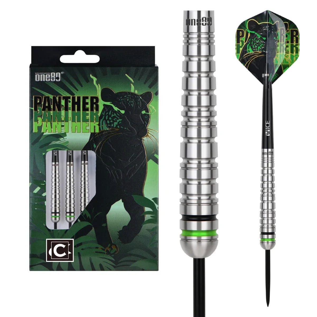 one80 Dartpfeil One80 Panther-C Steeltip Dartset 22g Silber Steeldarts, Leicht tropfenförmige Barrelform mit Frontbalance für ruhige Würfe