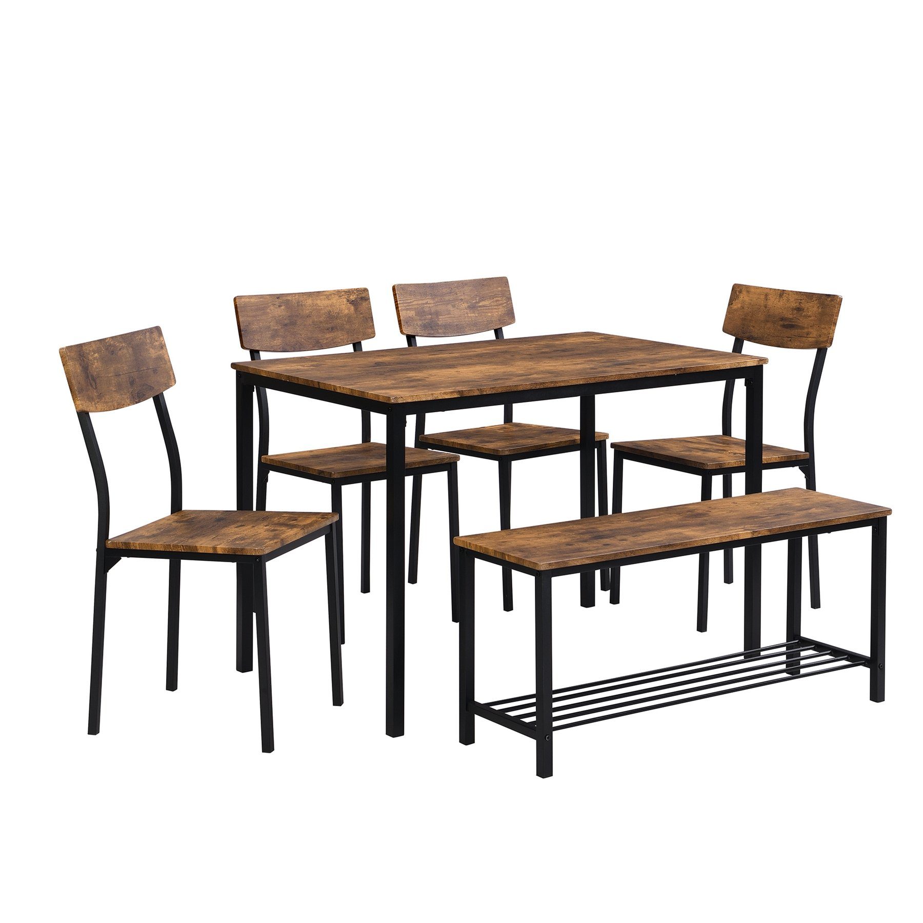 Celya Esszimmerstuhl Esstisch Stuhl und Stil 6 Set 1*Tisch+4*Stühle+1*Schemel, Stahlrahmen,Küche Holz Esstisch Set, Industrie Bank