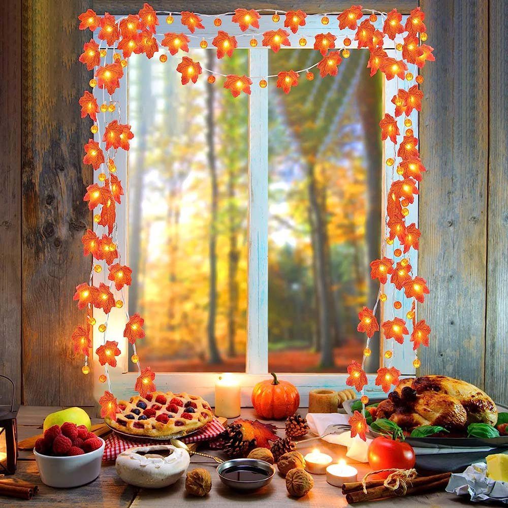 Thanksgiving Kürbis Ahornblatt Halloween LED-Lichterkette Deko,1.5/3/6m,10/20/40LEDs,Batterie,Warmweiß, MUPOO Girlande,für Nachtlicht LED Dekolicht, LED