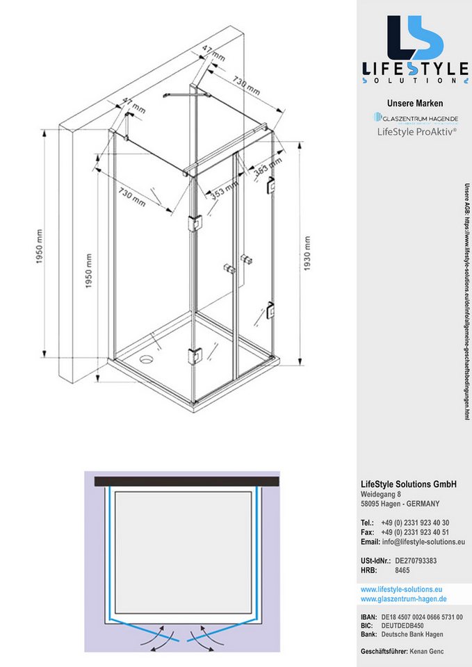 Thumbnail - Glaszentrum Hagen Eckdusche Glaszentrum Hagen - 80x80x80x195cm - Ares U-Duschkabine Dusche Duschab