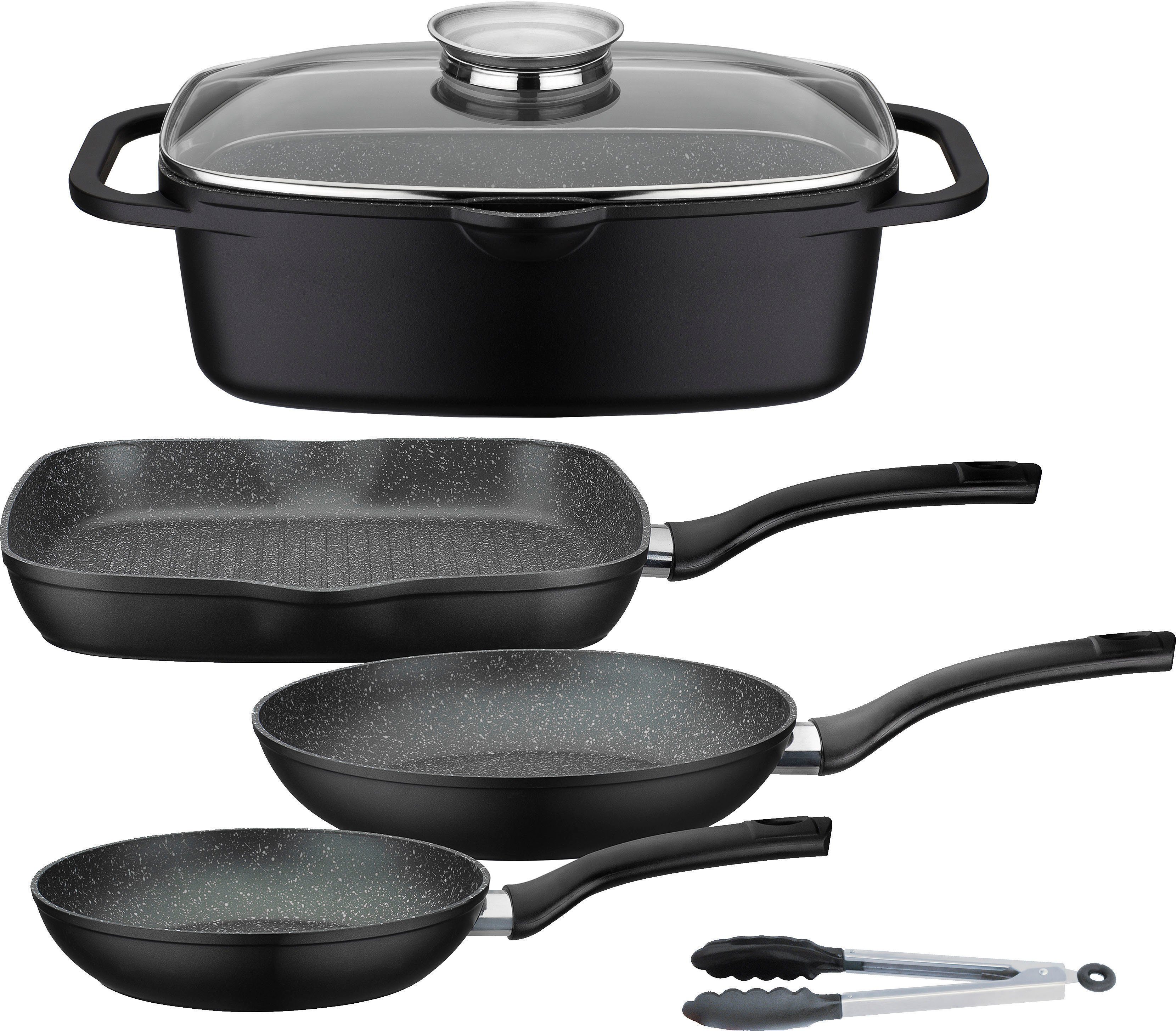 GSW Topf-Set Gourmet Granit, Aluminiumguss (Set, 5-tlg., 1 Bräter, 1 Grillpfanne Ø 28cm, je 1 Bratpfanne Ø 20/24cm, 1 Kochzange), Induktion