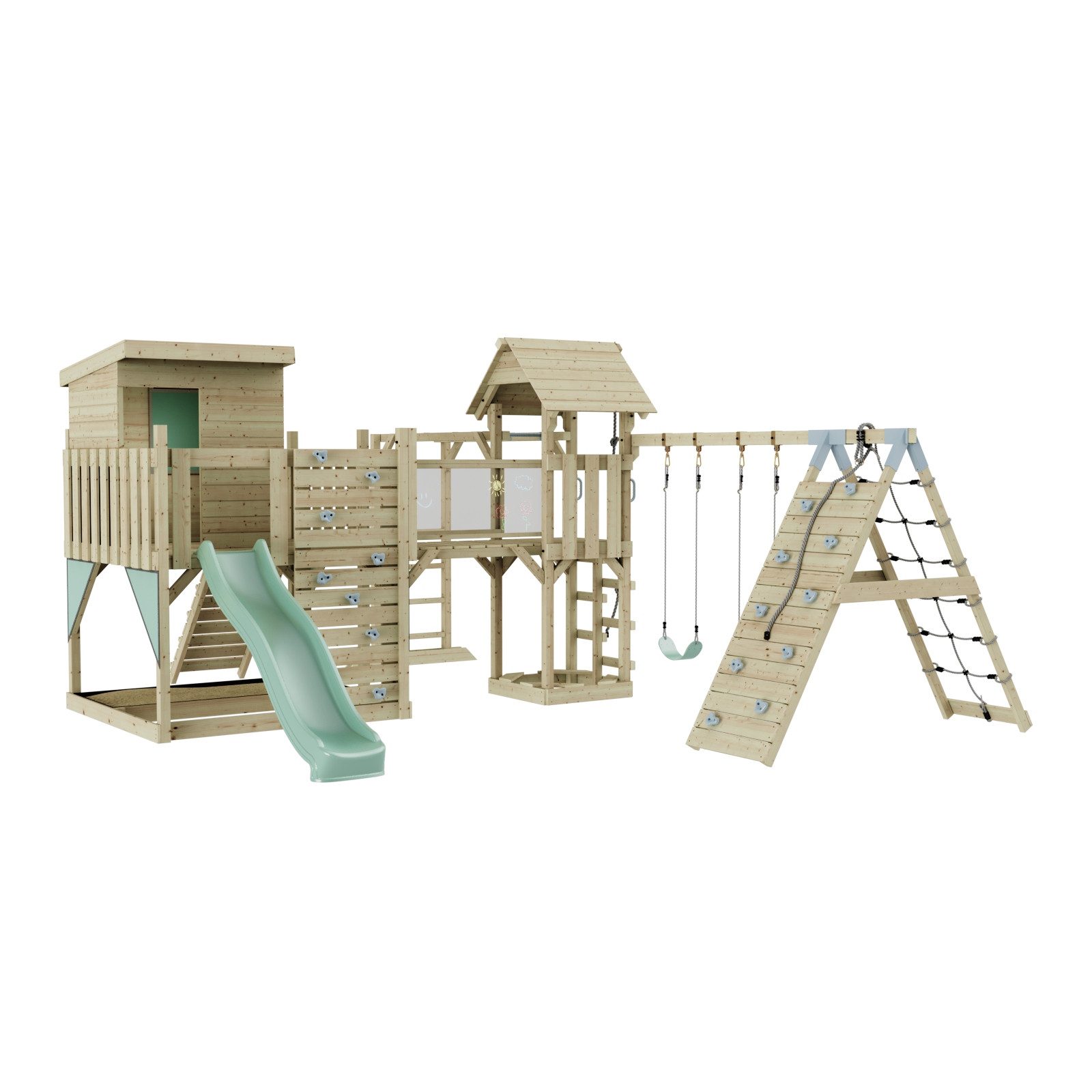 OutdoorToys Spielturm Lars, aus Holz in Mintgrün mit Kinderschaukel & Rutsche, Kletterwand