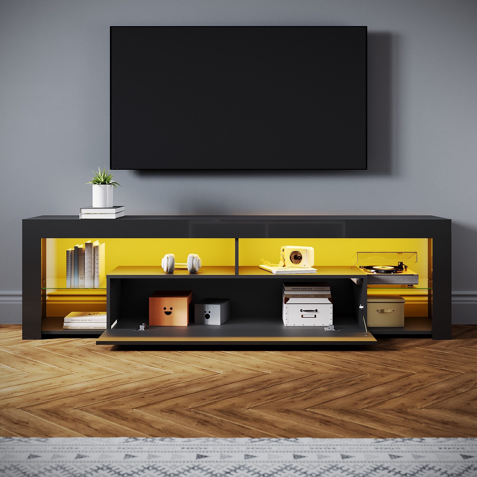 SONNI TV-Schrank Lowboard TV Schrank Schwarzer mit RGB-Lichteinblendung 140-180cm Mit 12 LEDs, Fernsehtisch mit Glas-Scheiden für Wohnzimmer – Bild 4 von 5
